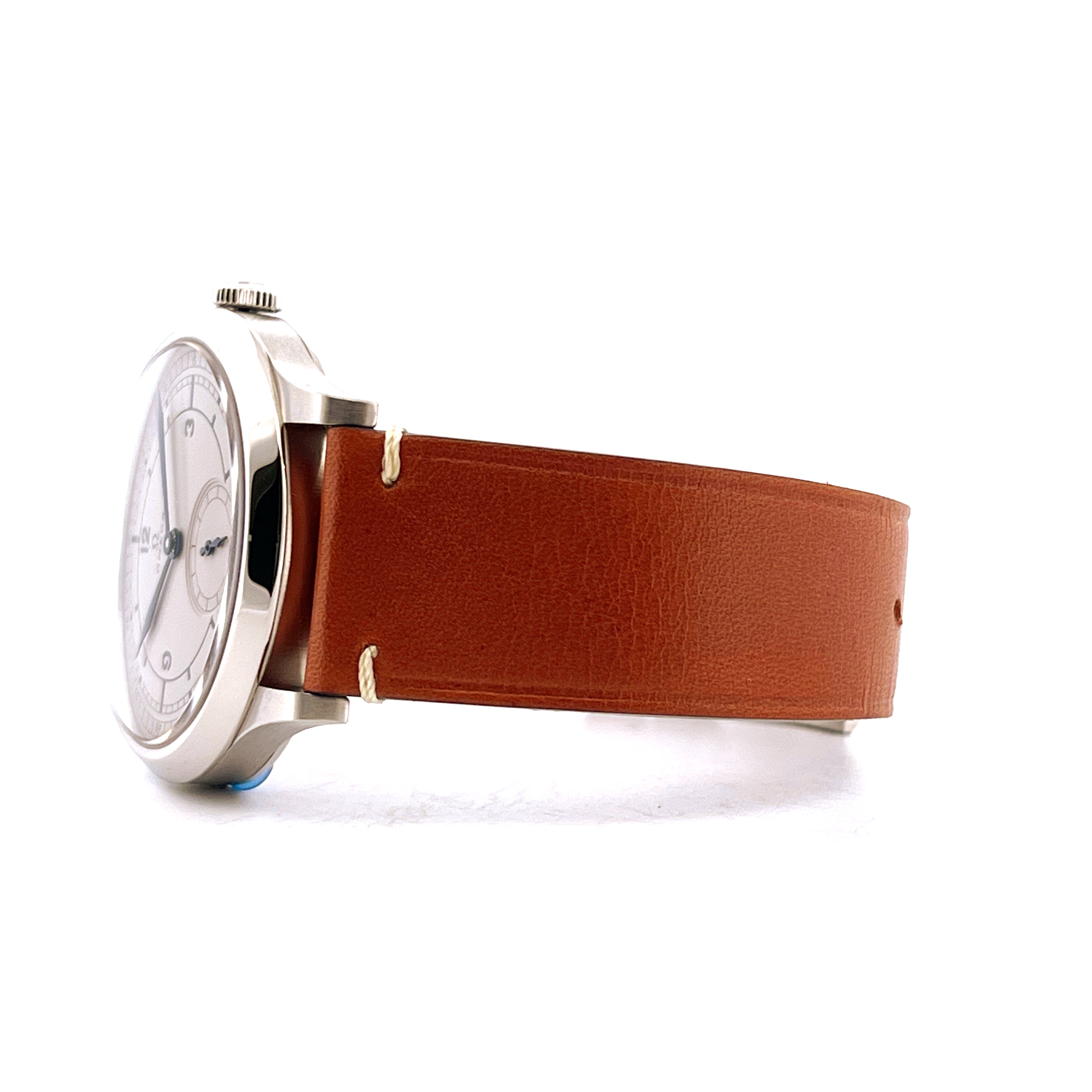 Omega CK 859 in Stahl Seitenansicht mit braunem Lederarmband