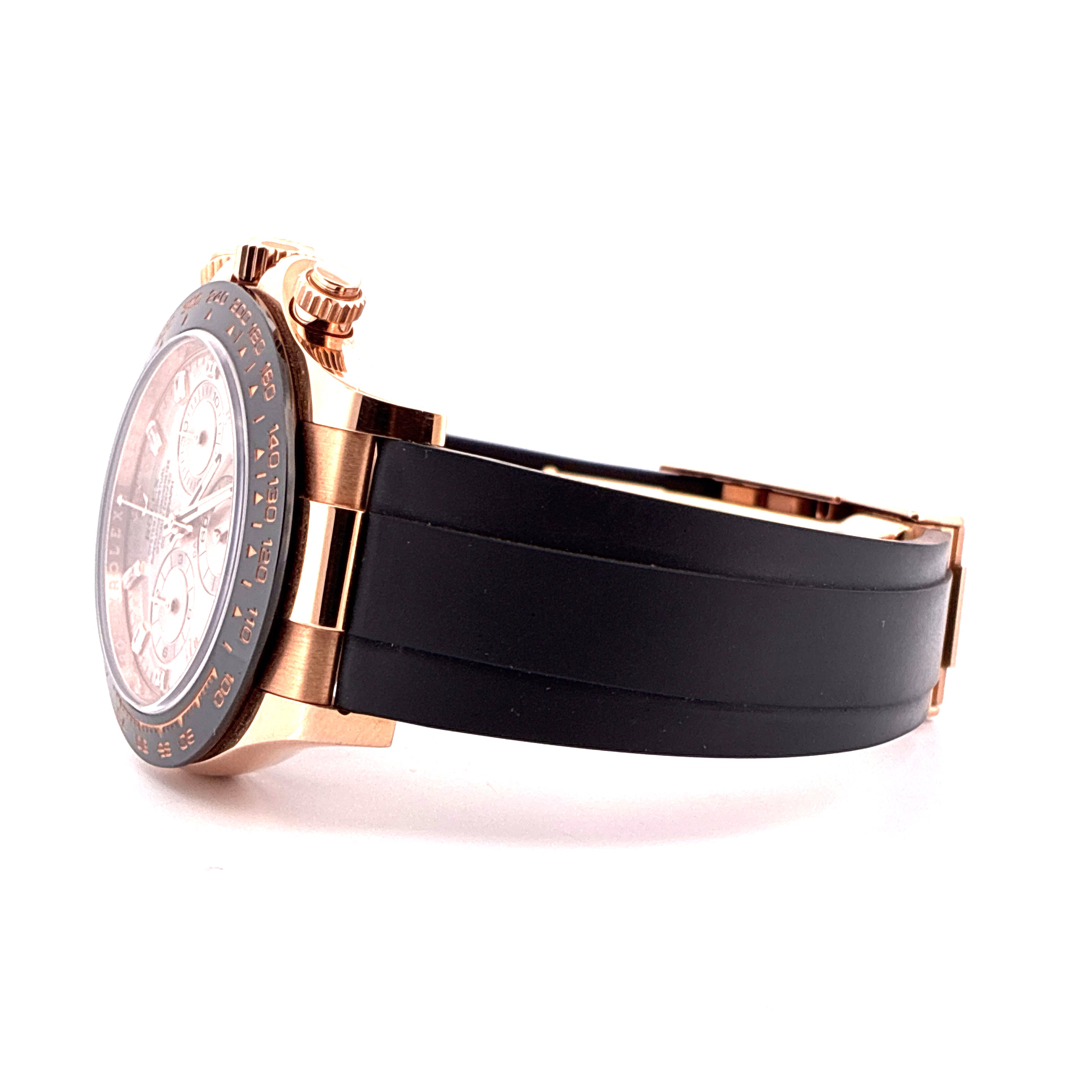 Rolex Daytona Roségold mit schwarzem Oysterflex-Armband im Seitenprofil