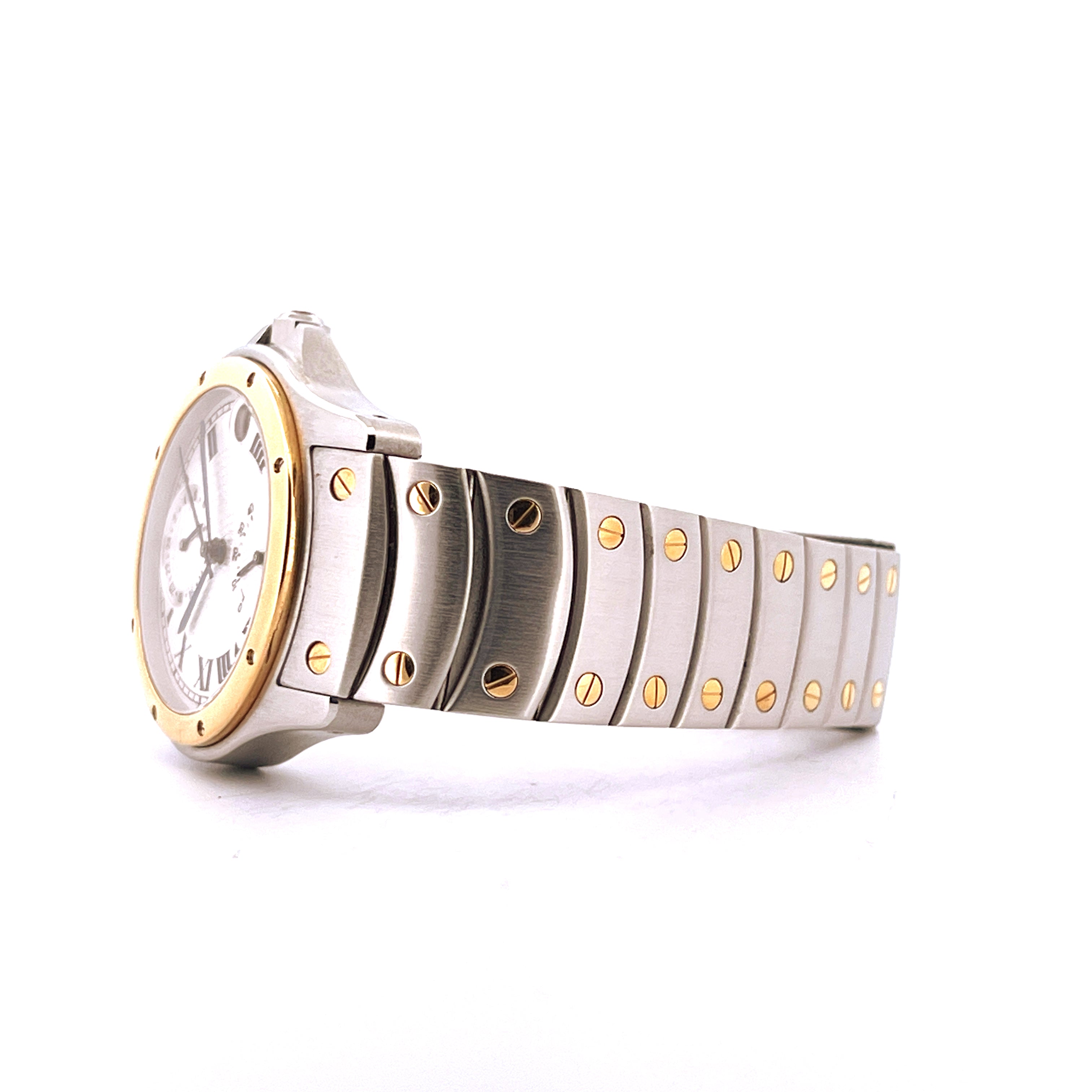 Seitenansicht einer Cartier Santos Ronde 150th Automatic Uhr mit Stahl-Gold-Gehäuse und Automatikwerk