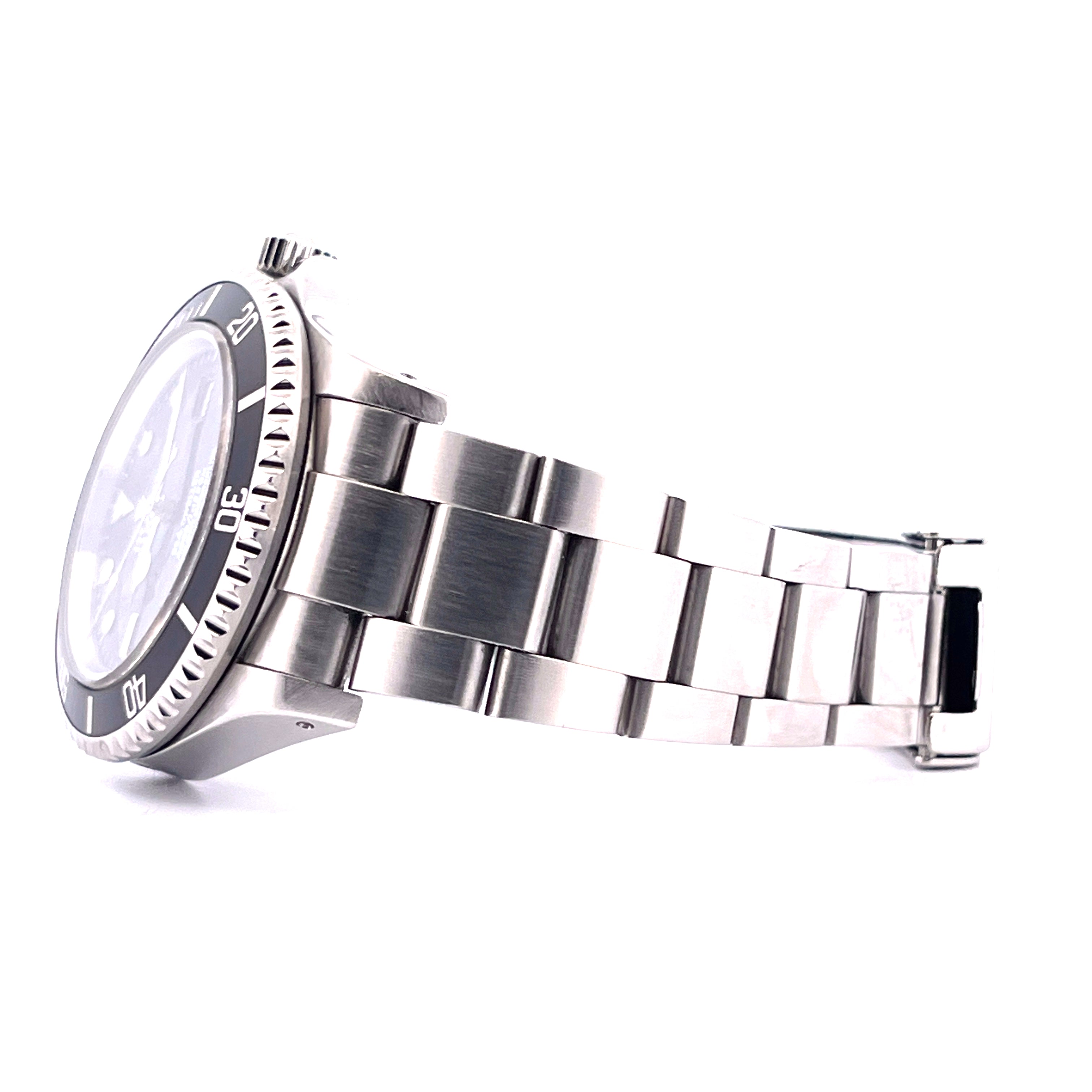 Rolex Sea-Dweller 40 mm Stahl, Seitenansicht des Gehäuses mit Lünette und Stahlarmband