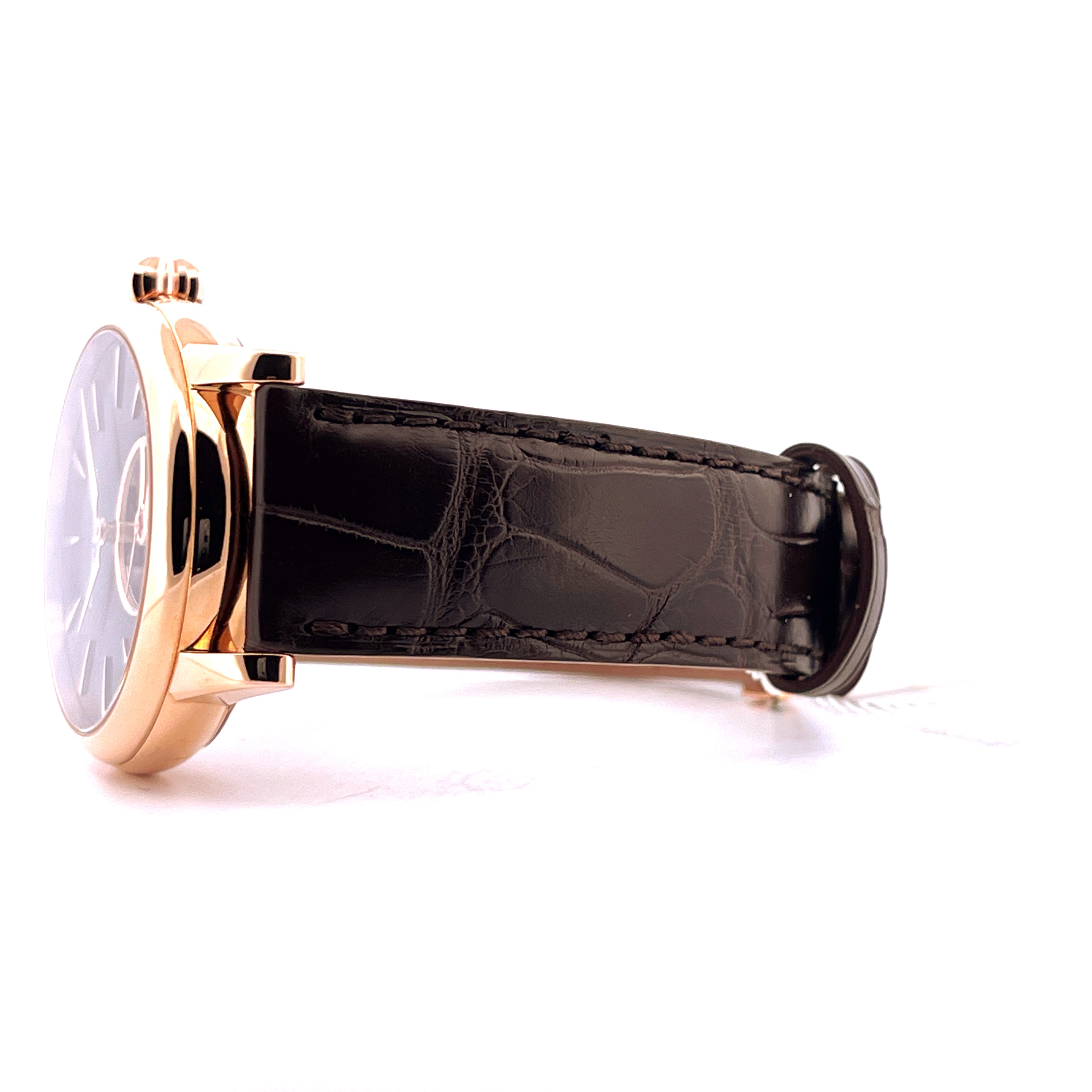 Seitenansicht eines Frederique Constant Tourbillon Roségold mit schwarzem Kroko-Lederarmband