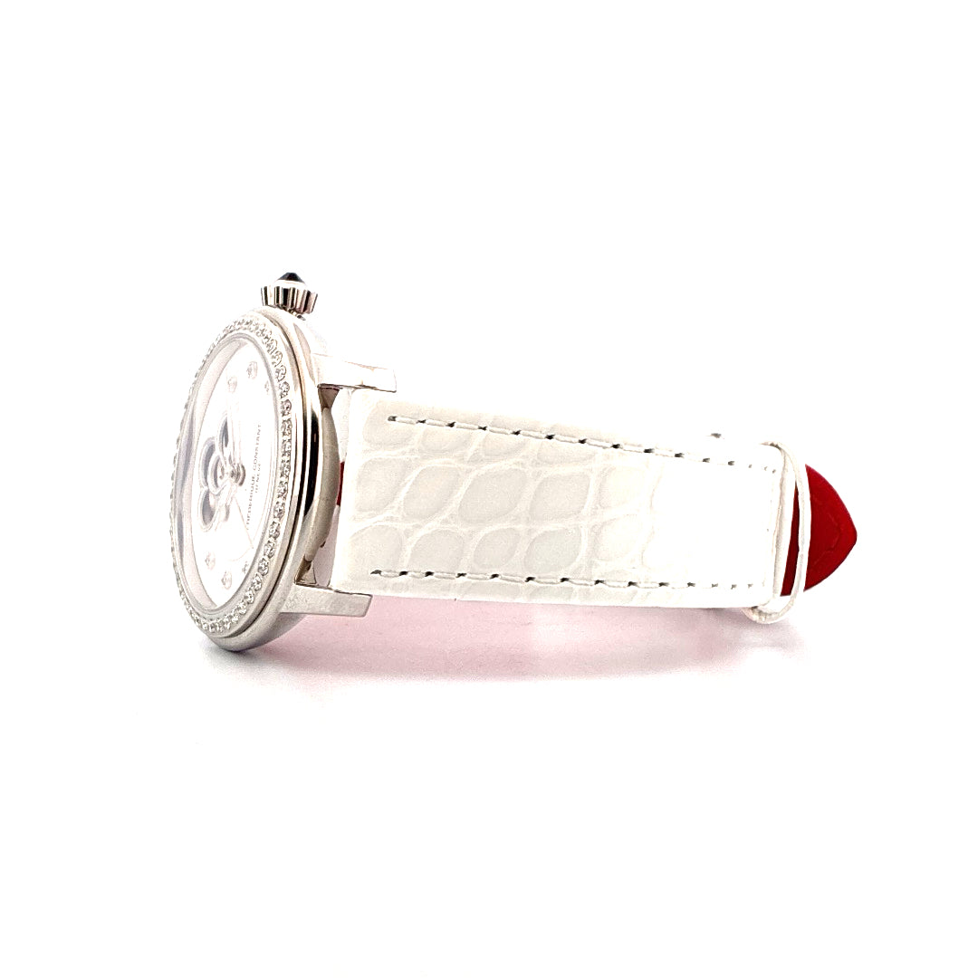Frederique Constant Ladies Automatic Double Heart Beat 34mm neu, Seitenansicht mit weißem Krokoband