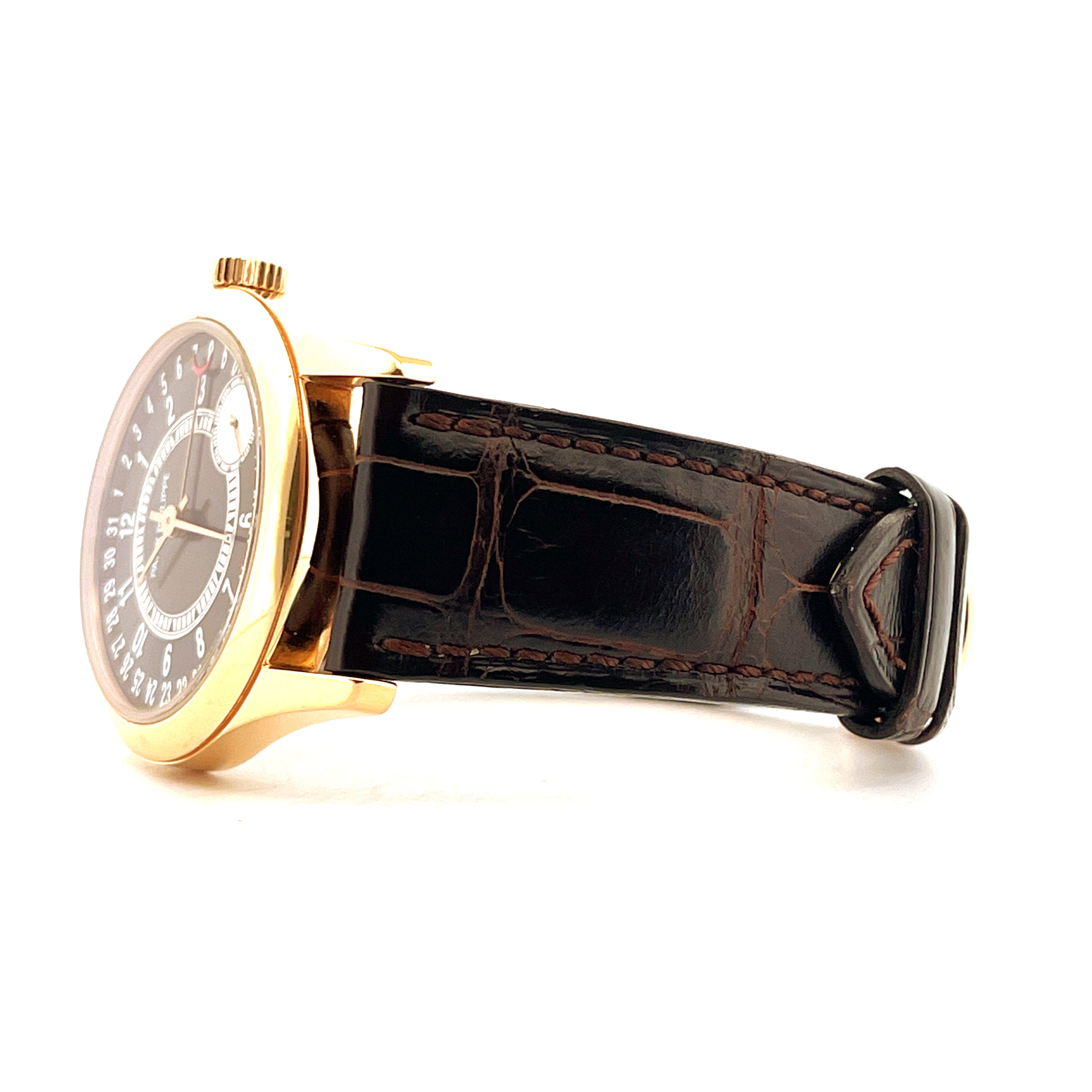 Patek Philippe Calatrava Roségold 6000R-001 von der Seite mit braunem Lederarmband