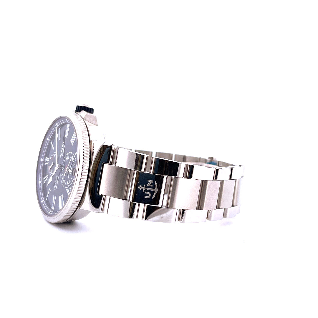 Ulysse Nardin Marine Chronometer Annual Calendar, Stahlgehäuse, Armband, Anker-Logo, Detailansicht, weißer Hintergrund