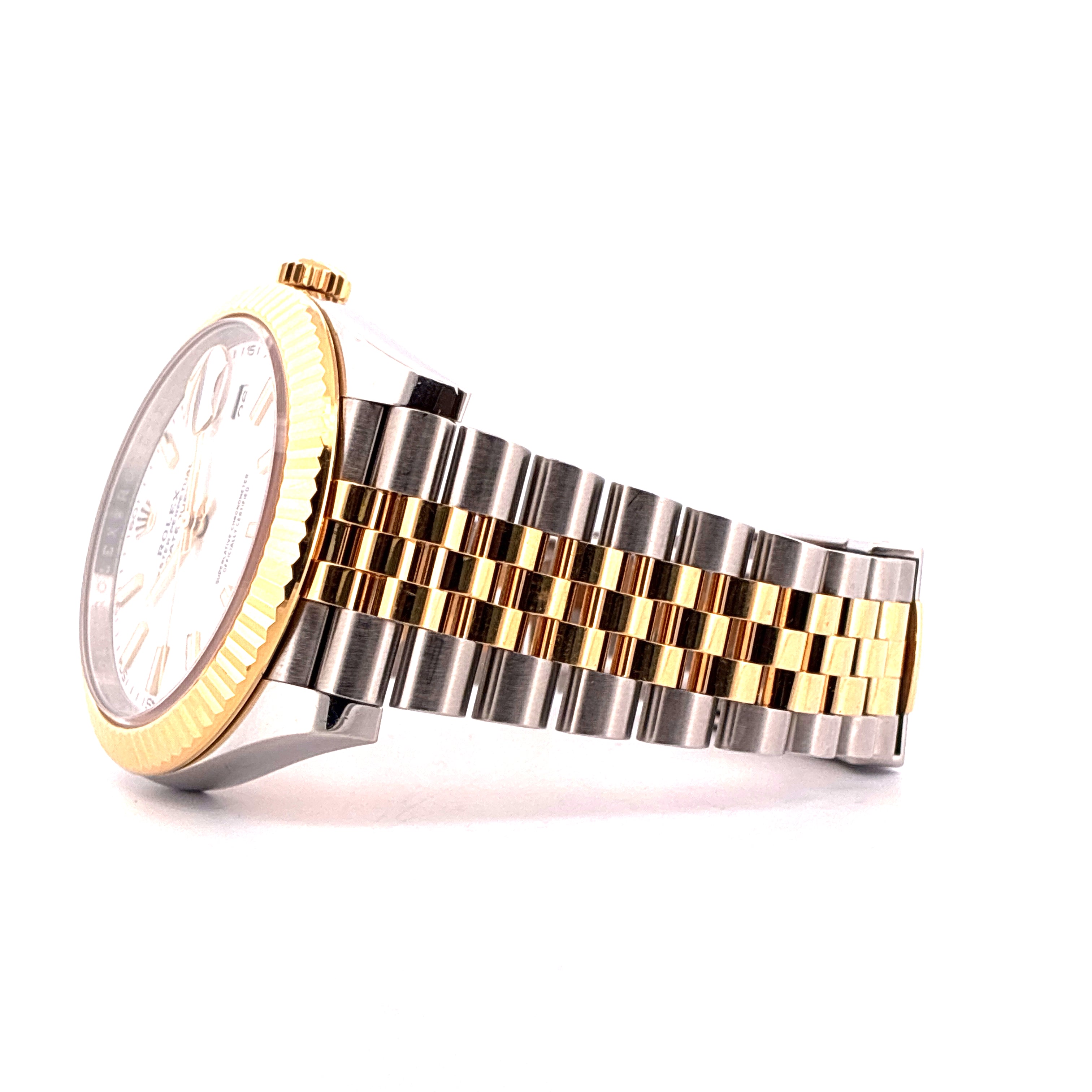Side view of a Rolex Datejust 41 bicolor watch with gold and steel jubilee bracelet and fluted bezel on white