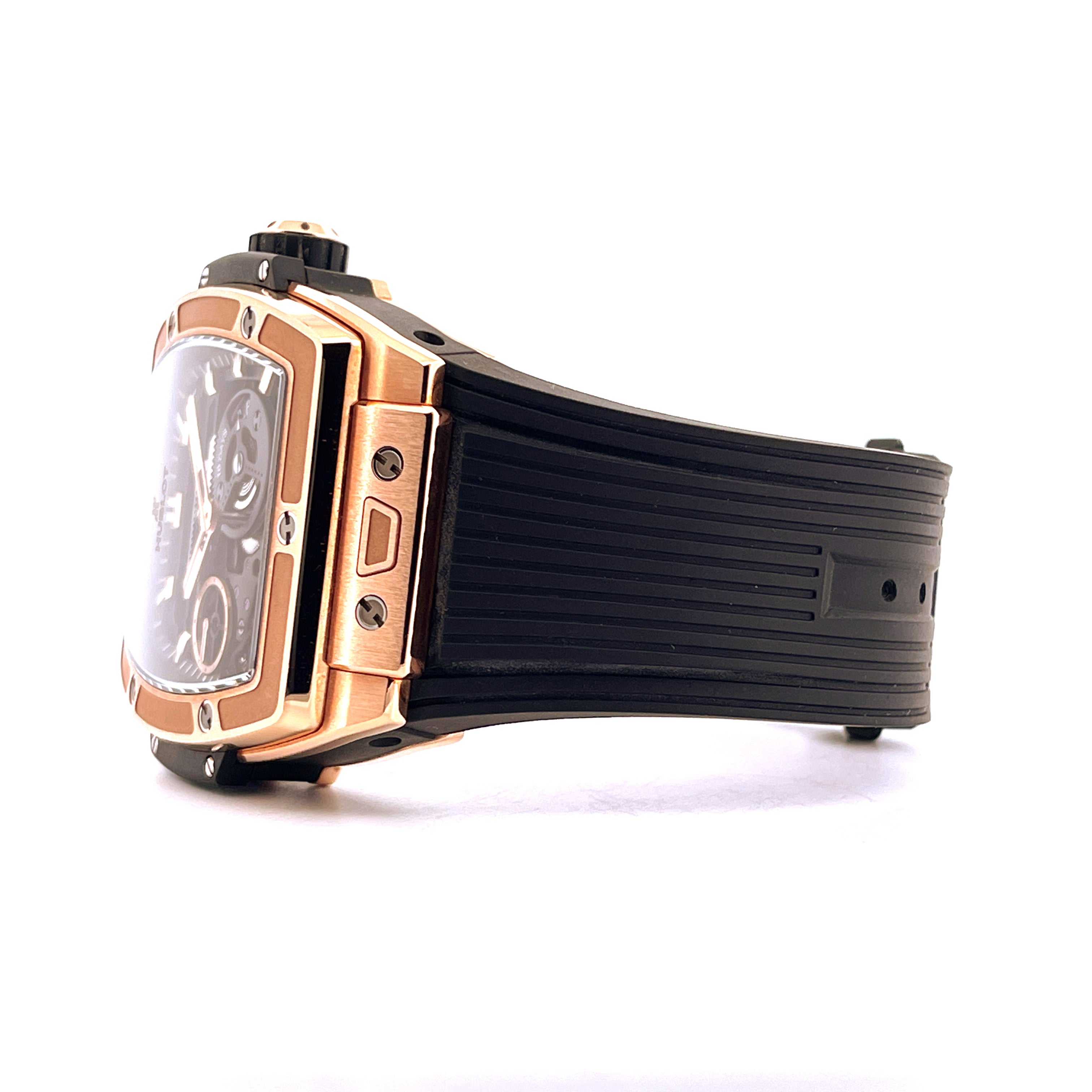 Hublot Spirit Of Big Bang Meca-10 Roségold Seitenansicht mit schwarzem Armband