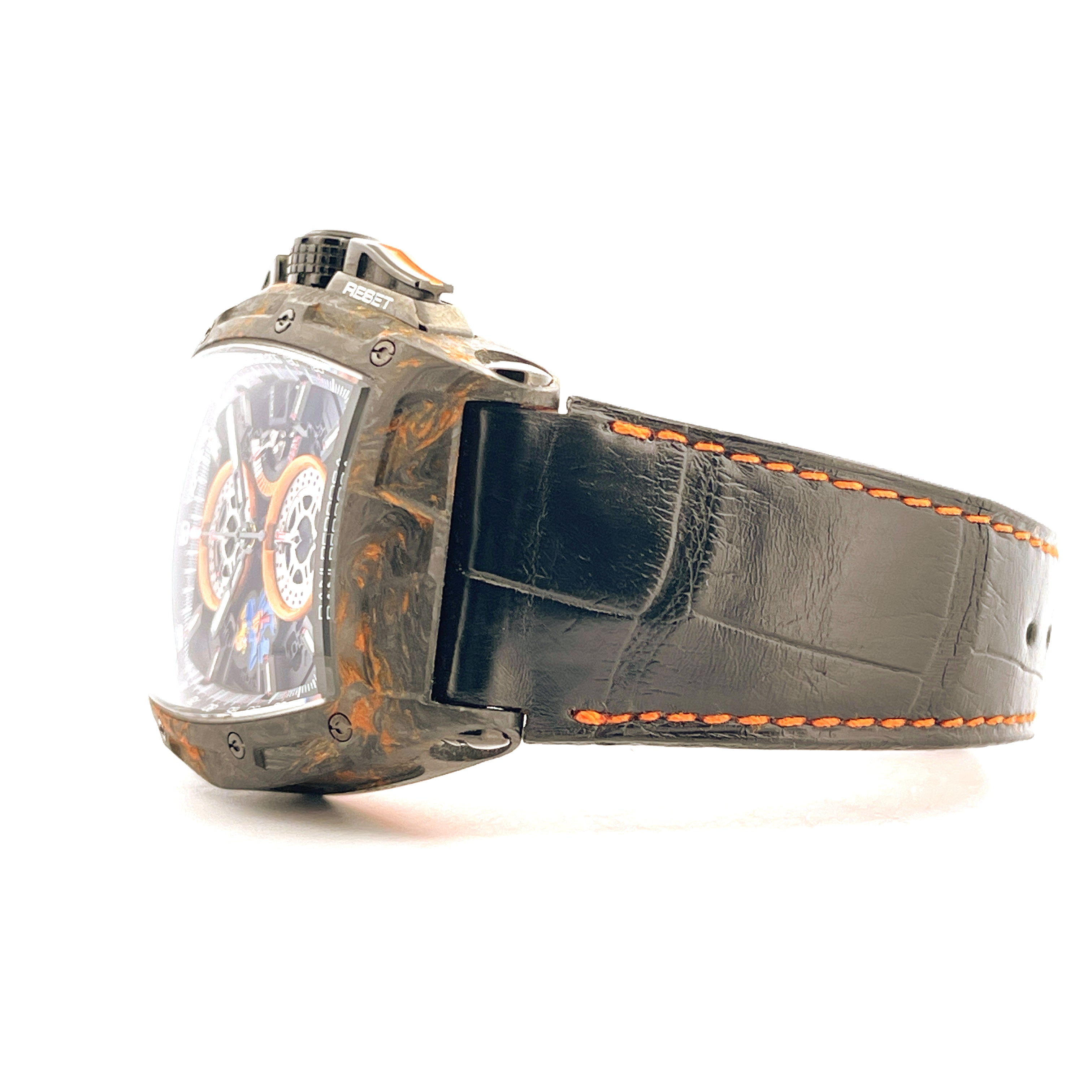 Cvstos Challenge II Chrono DANI PEDROSA Seitenansicht mit Carbon-Gehäuse und schwarzem Lederband mit orangener Naht