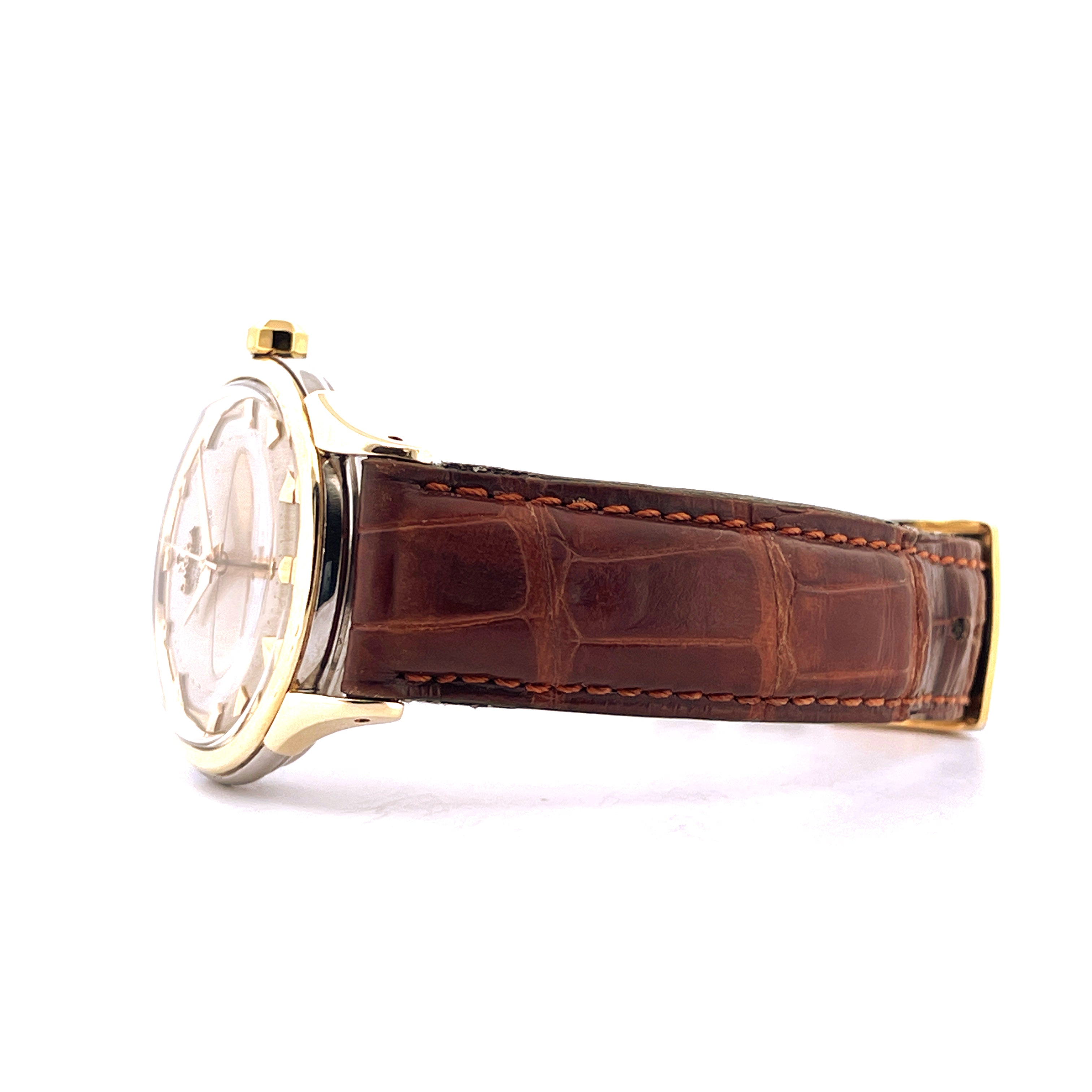 Omega Constellation Pie Pan Stahl & Gold 1952 Seitenansicht mit braunem Lederarmband