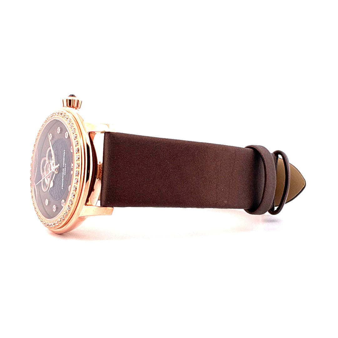 Frederique Constant Heart Beat Roségold plattiert mit braunem Armband und besetzter Lünette