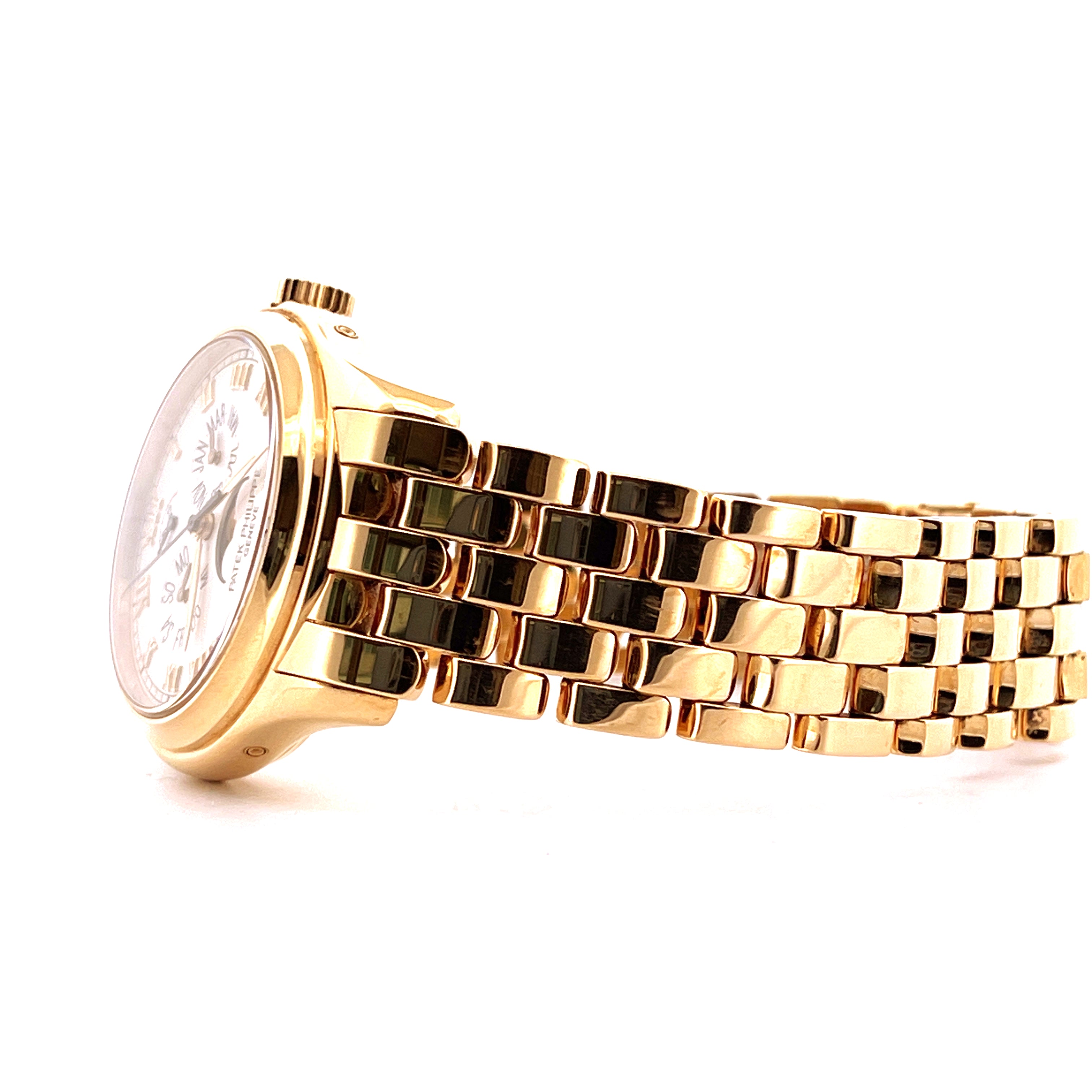 Patek Philippe Annual Calendar 5036/1J in Gelbgold, Seitenansicht mit Band im Detail