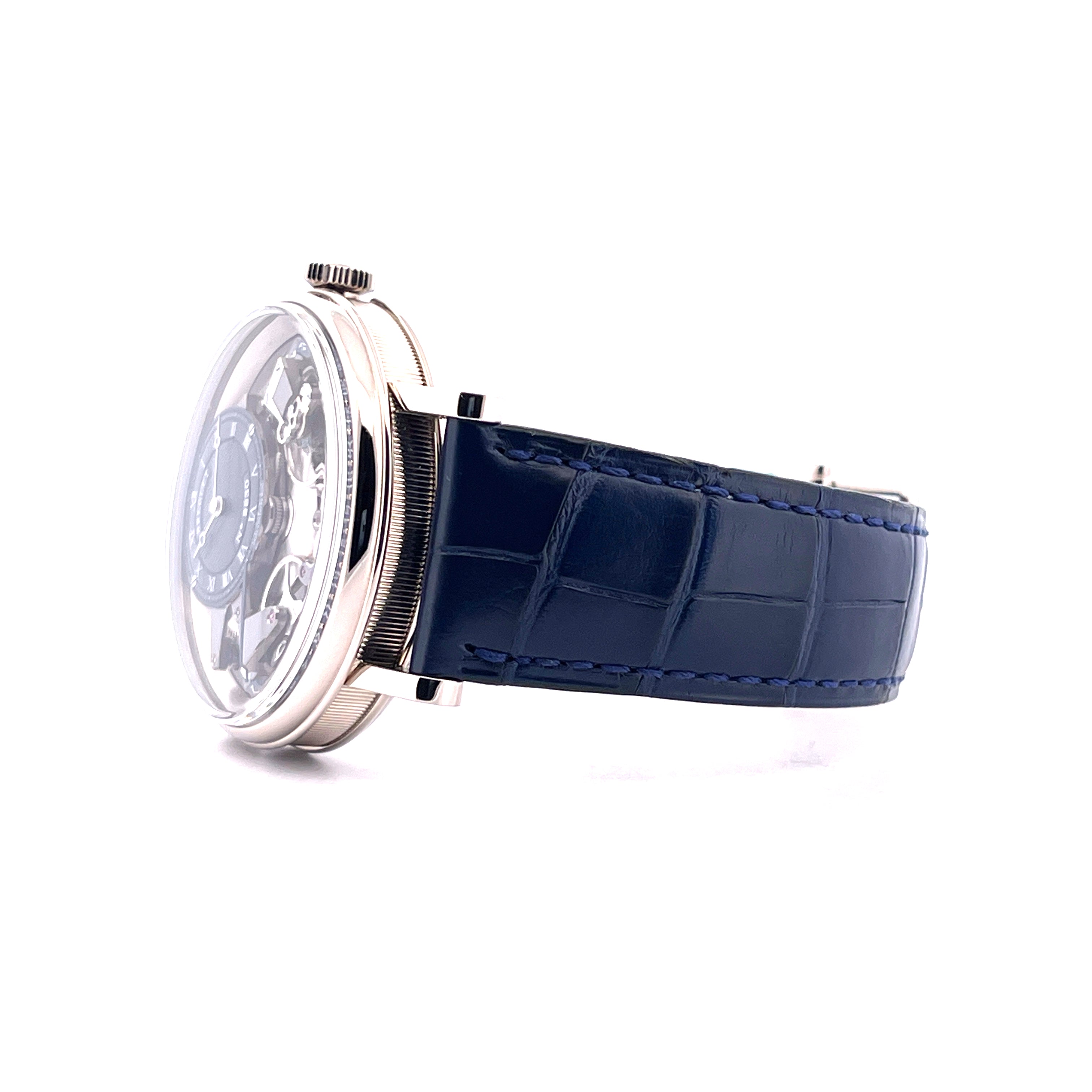 Breguet Tradition 39mm Weissgold Automatik mit blauem Lederarmband und skelettiertem Zifferblatt