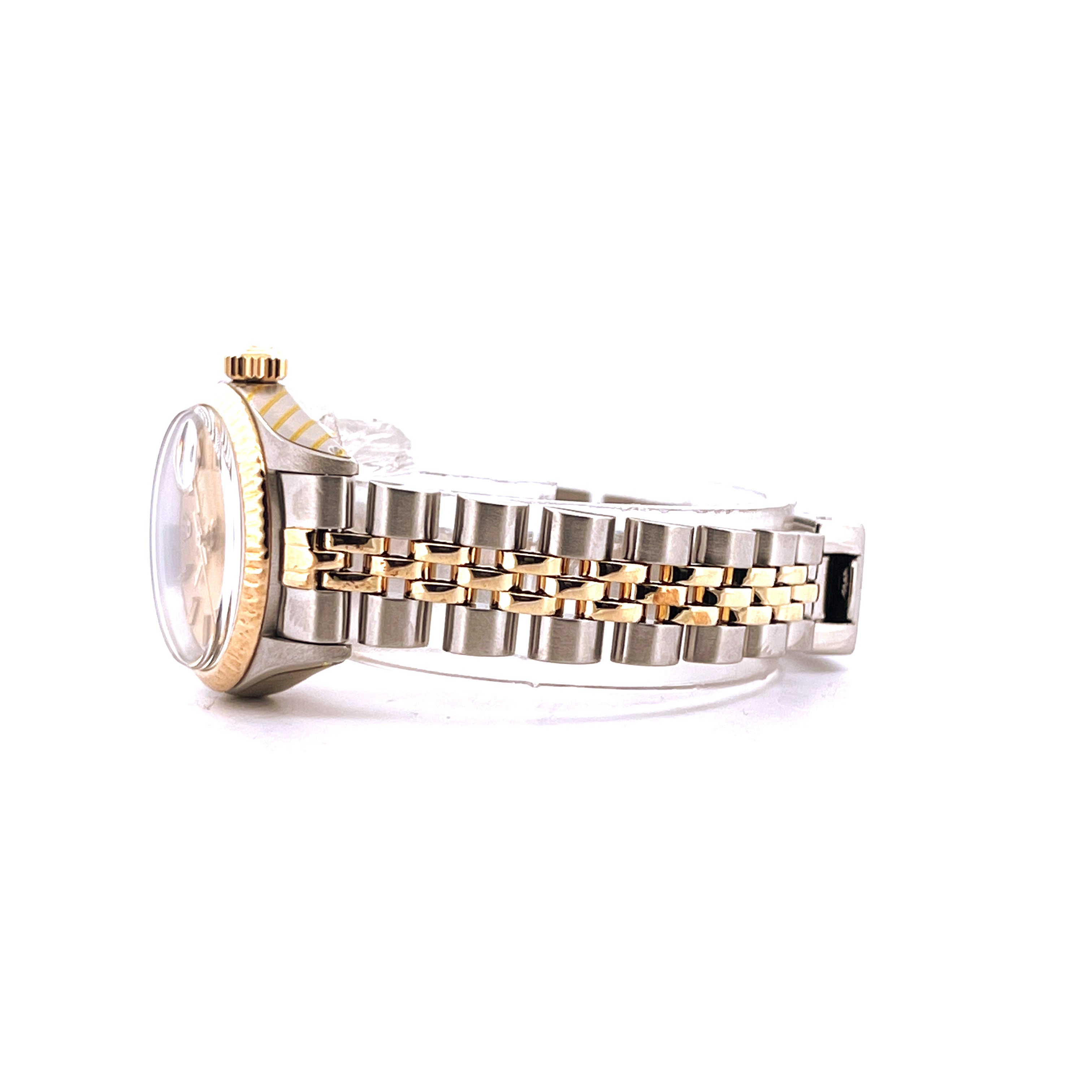Seitenansicht einer Rolex Lady-Datejust 26 mm mit Stahl- und Goldarmband und goldfarbenem Zifferblatt