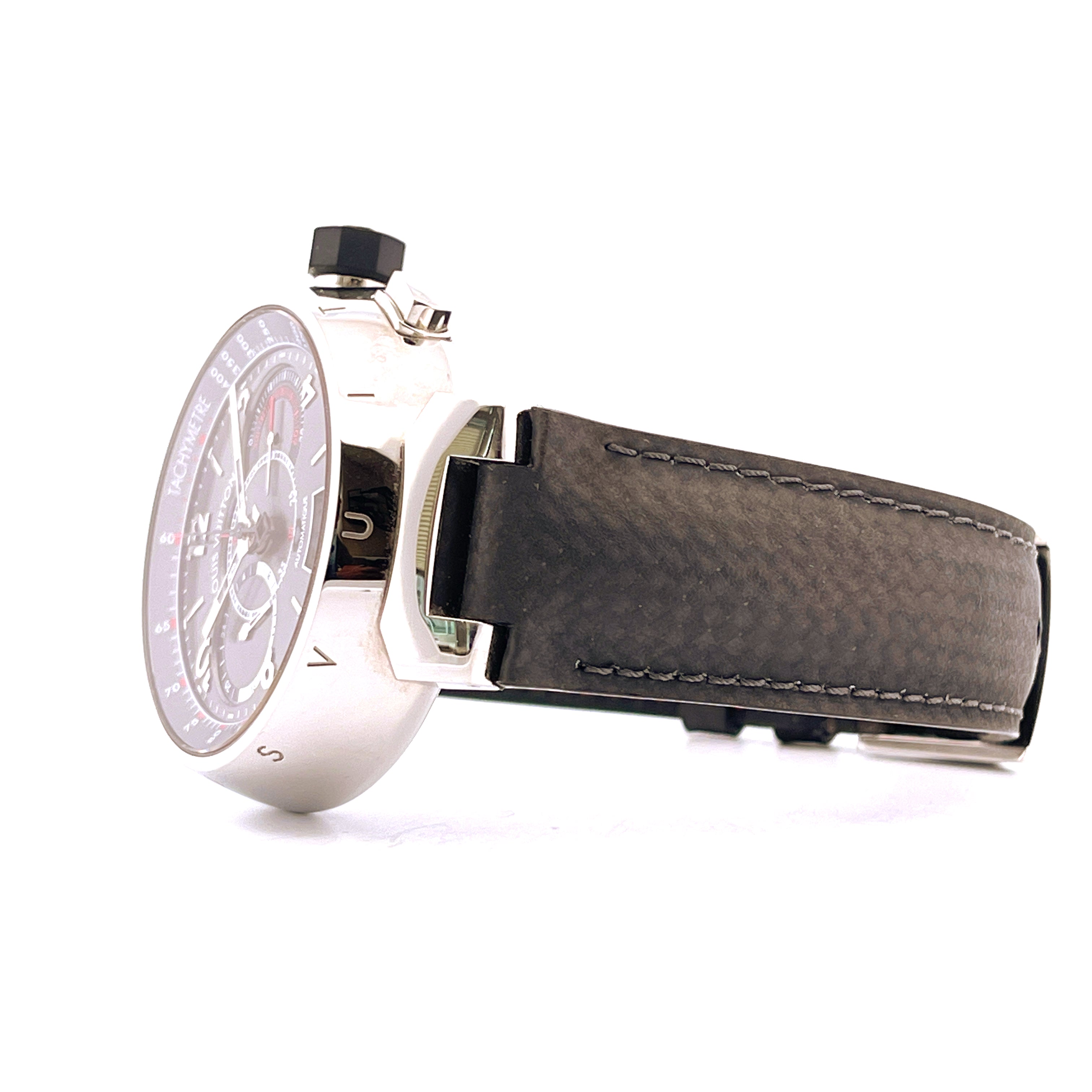 Louis Vuitton Tambour Chronograph aus Edelstahl mit schwarzem Armband, Seitenansicht auf weißem Hintergrund