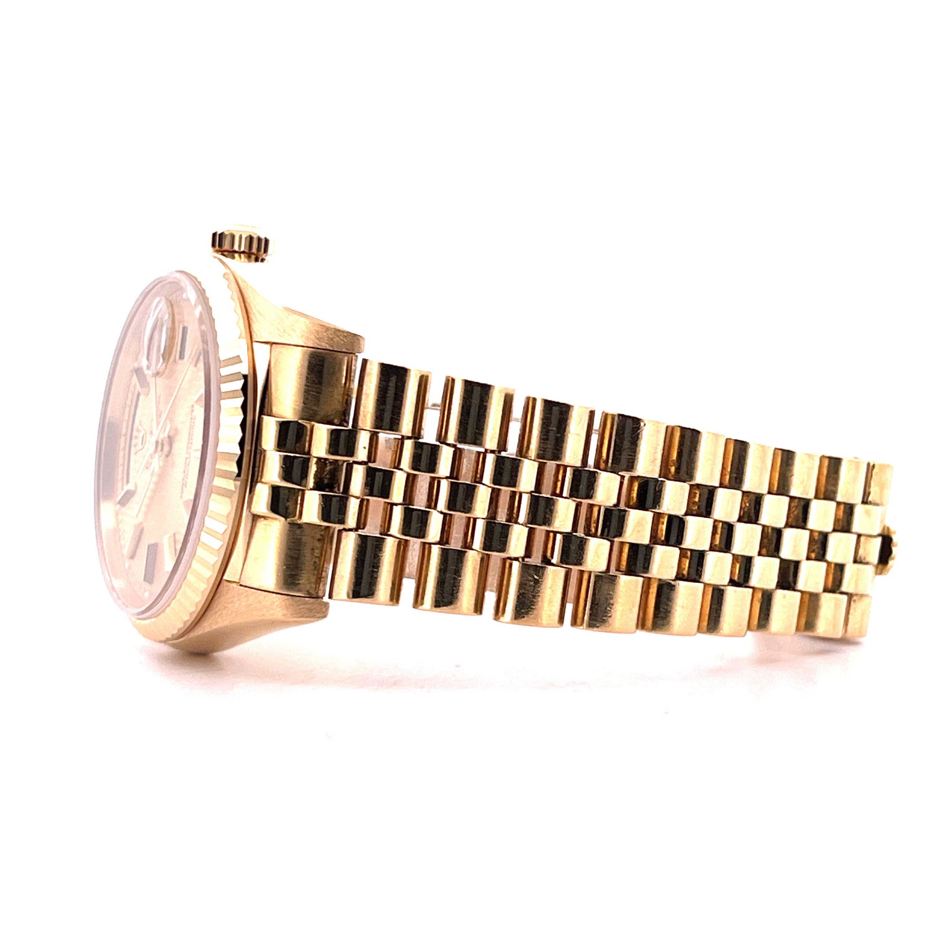 Rolex Day-Date 36 Gelbgold Automatik von der Seite mit Guilloche-Zifferblatt und Band