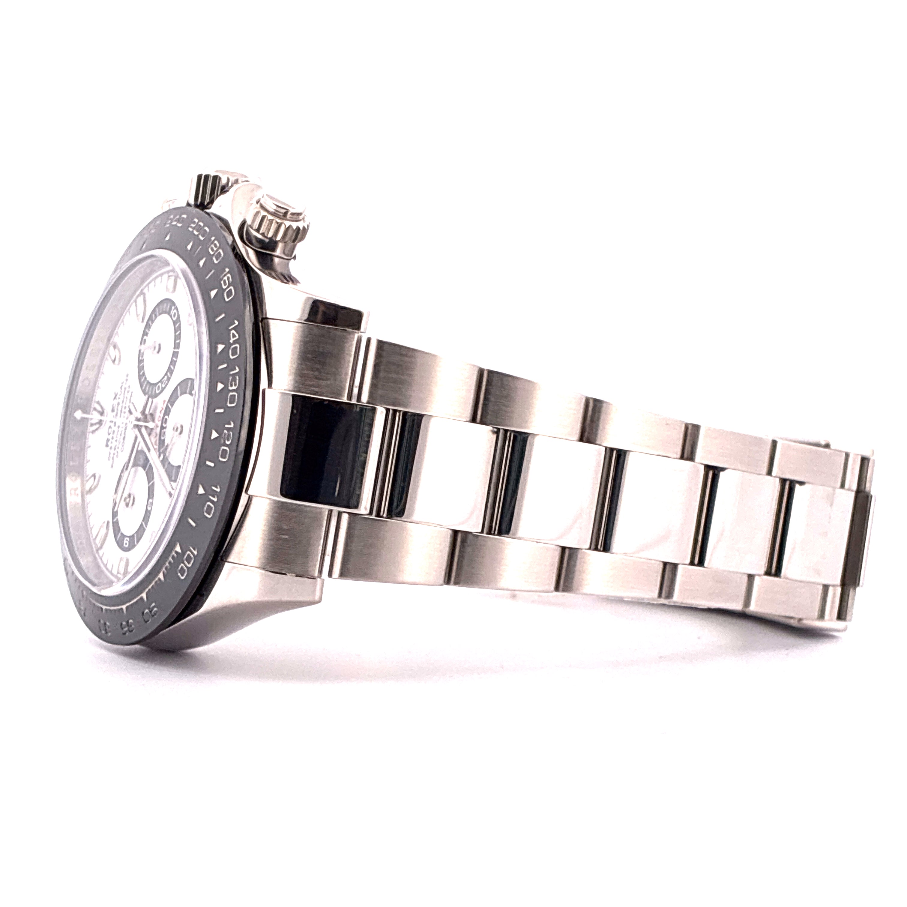 Rolex Daytona Panda Automatik-Uhr aus Stahl, Seitenansicht mit poliertem Metallarmband