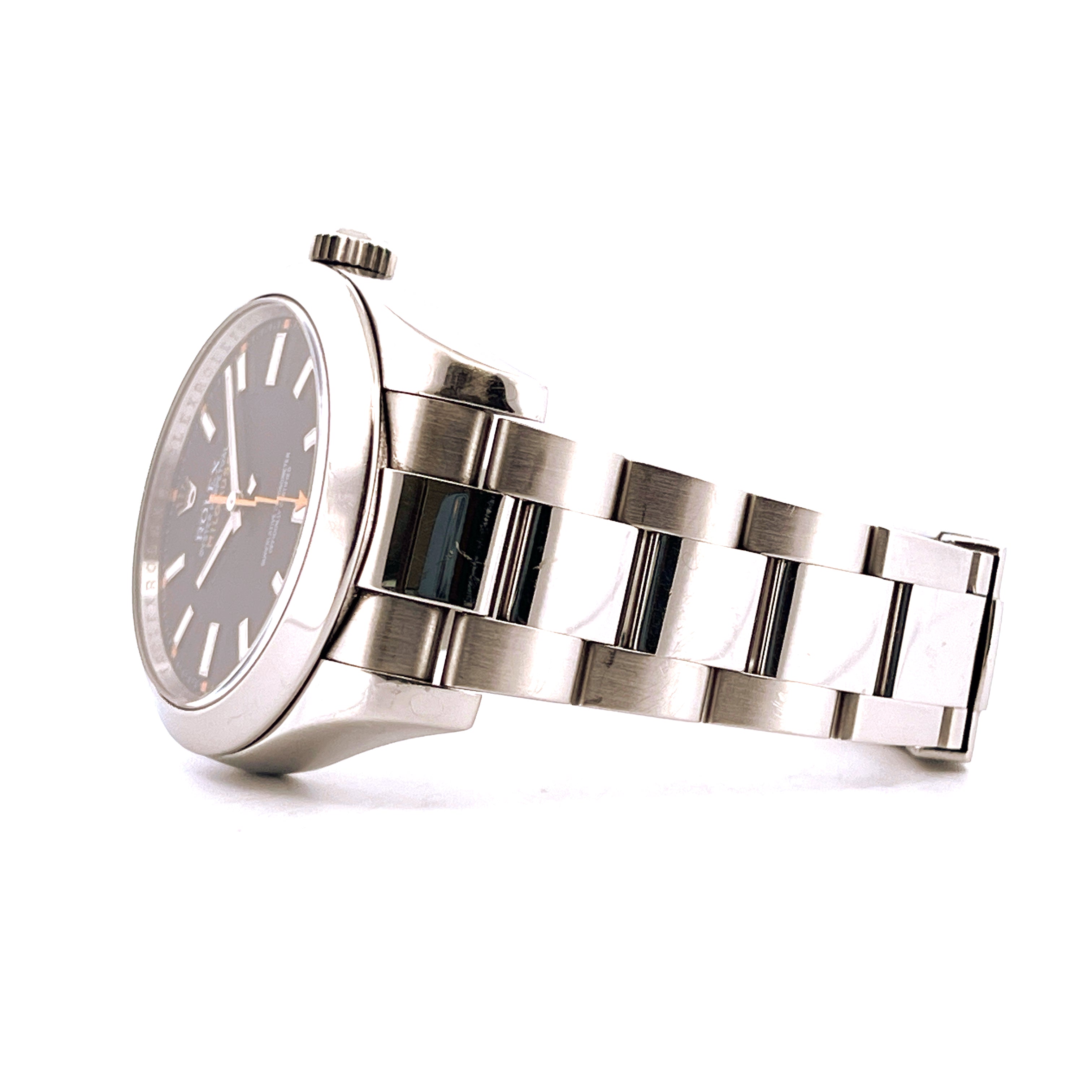 Side view of a Rolex Milgauss 116400 stainless steel watch with black dial