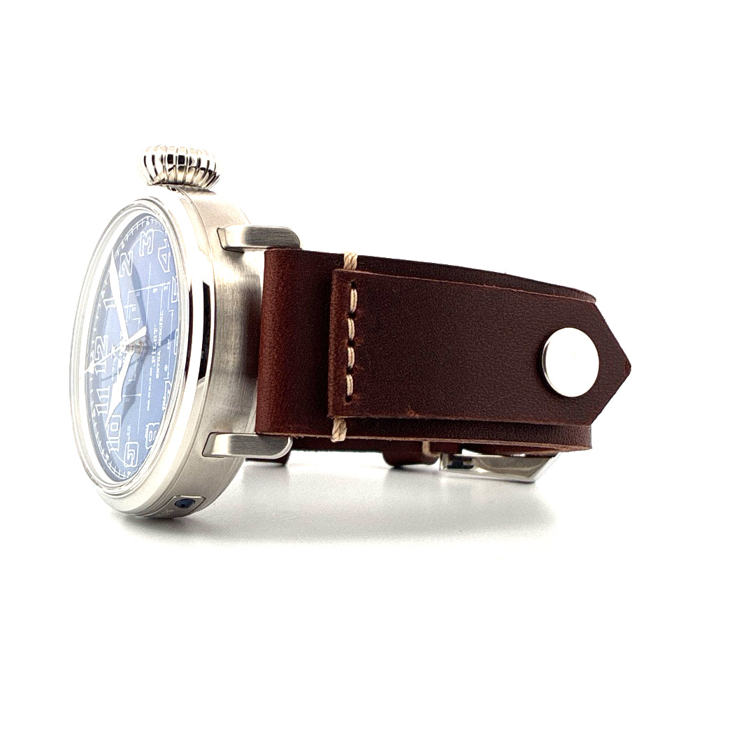 Zenith Type 20 Blueprint 45mm Edelstahl-Uhr mit braunem Lederarmband aus der Seitenansicht