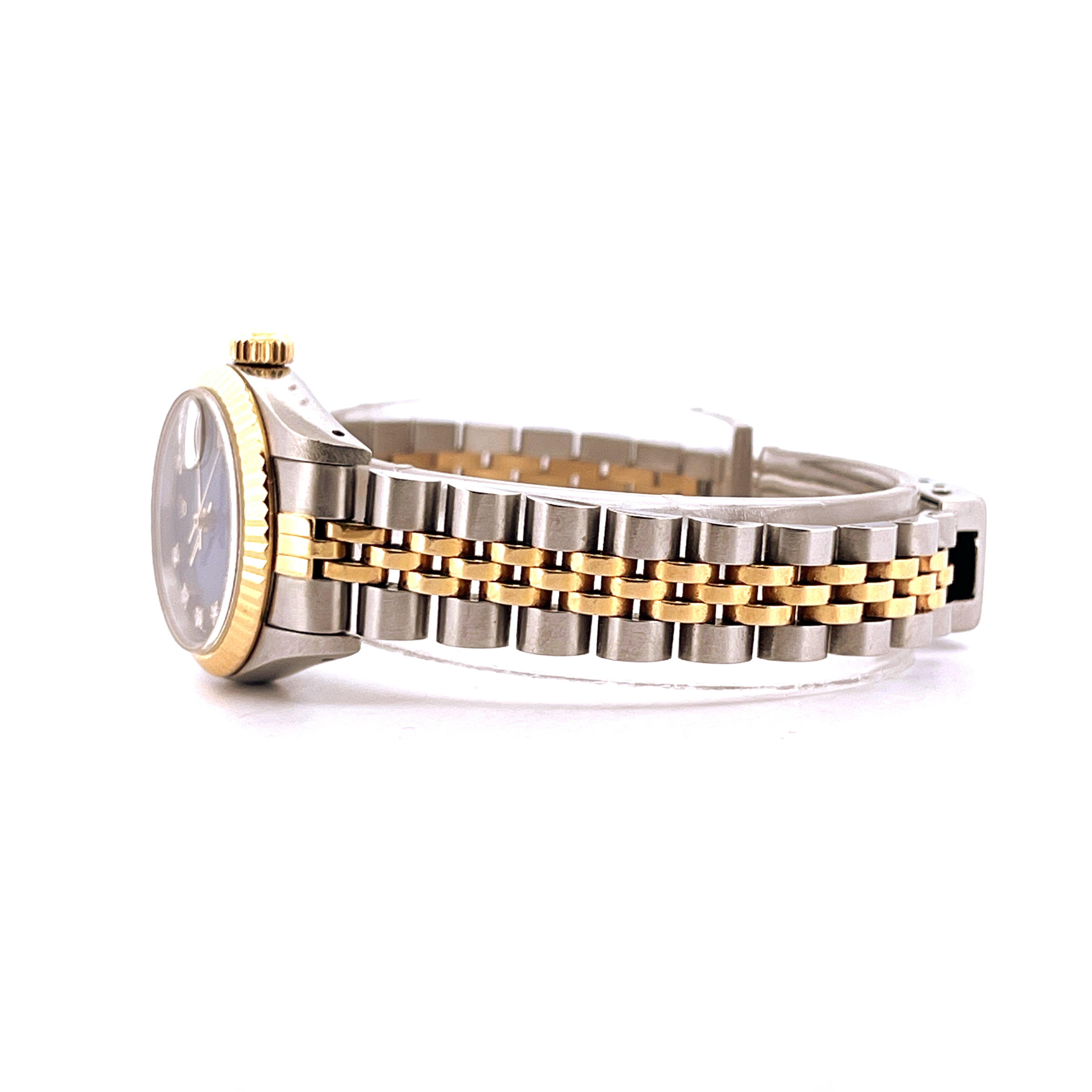Rolex Lady-Datejust 26mm Stahl-Gold-Kombination von der Seite auf weißem Hintergrund