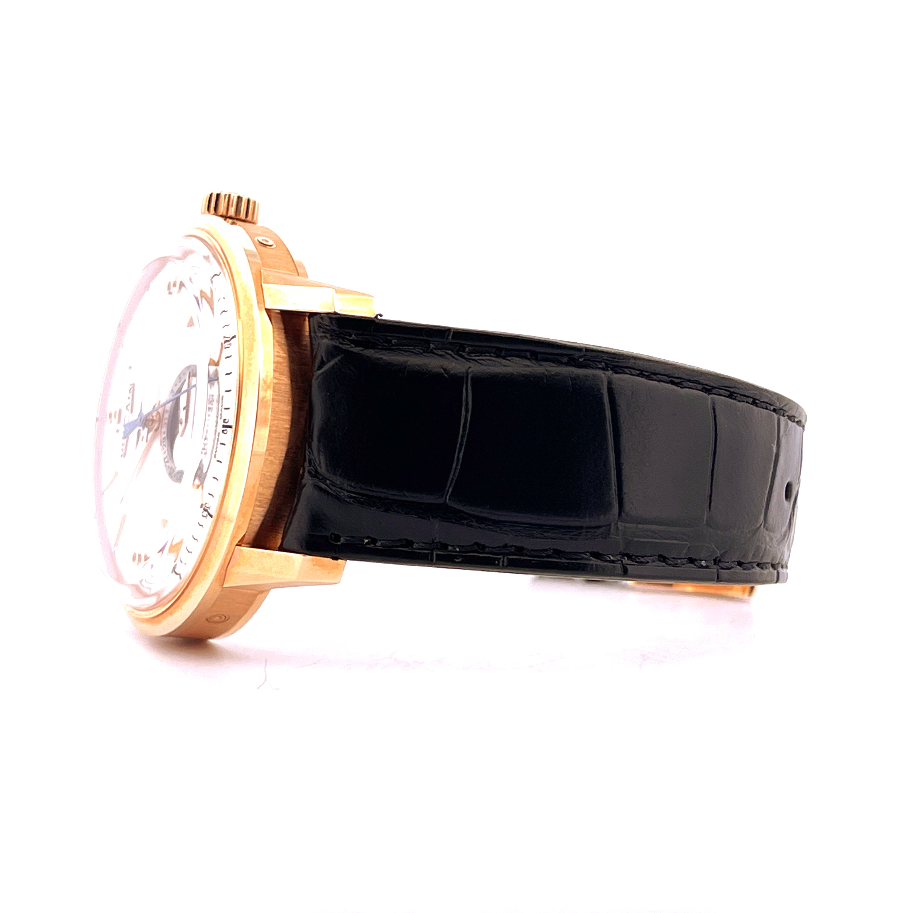 Vulcain 50s Presidents Moonphase in Roségold mit schwarzem Lederarmband von der Seite gesehen