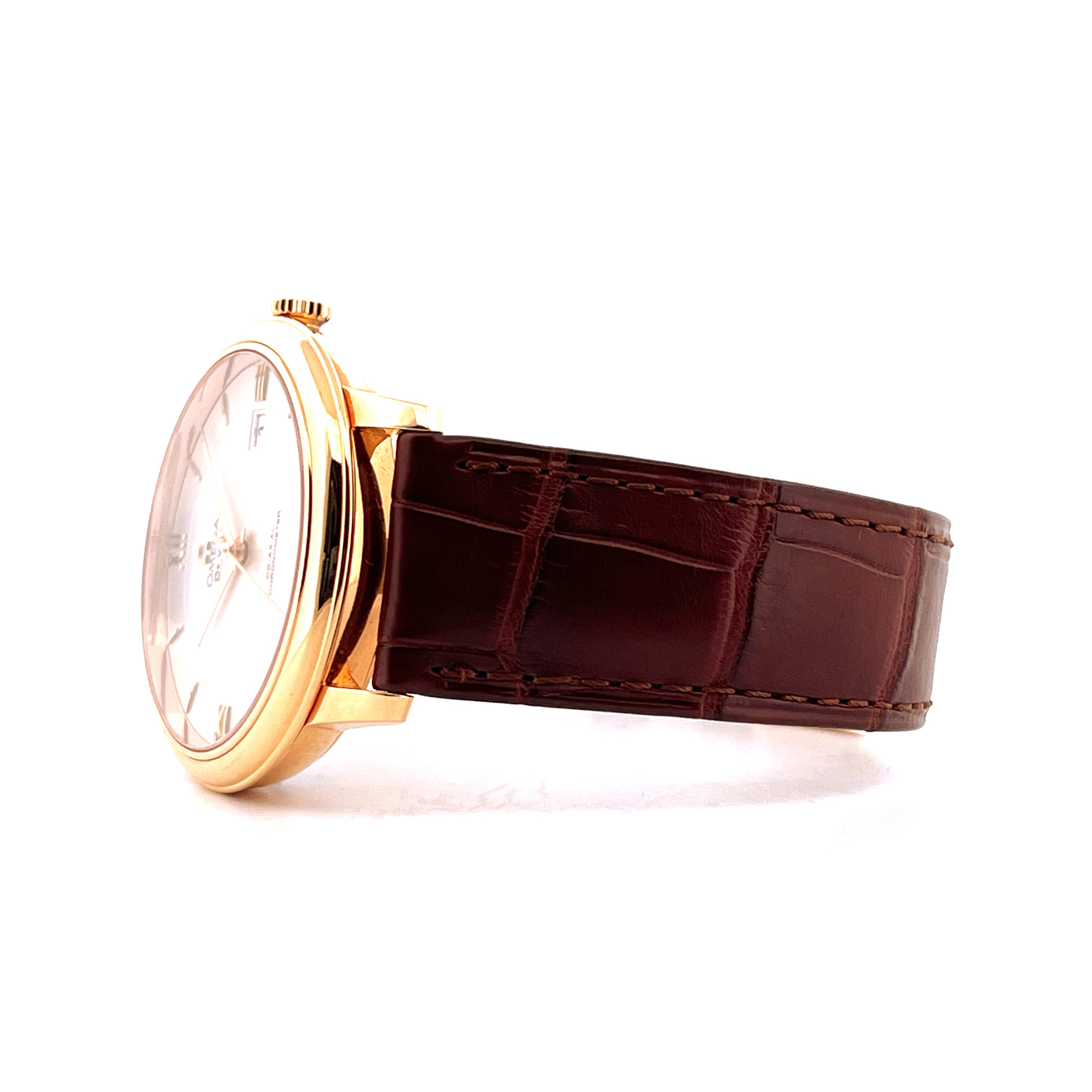 Omega De Ville Prestige Date Gelbgold Armbanduhr, Seitenansicht mit braunem Krokoband