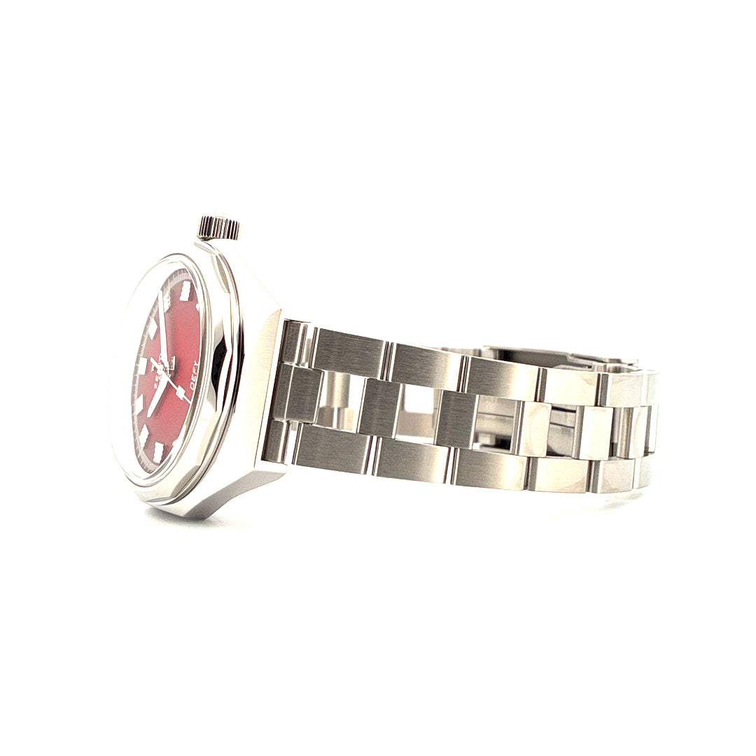 Zenith Defy Revival A3691 37mm Automatik mit rotem Zifferblatt und Edelstahlarmband in Seitenansicht