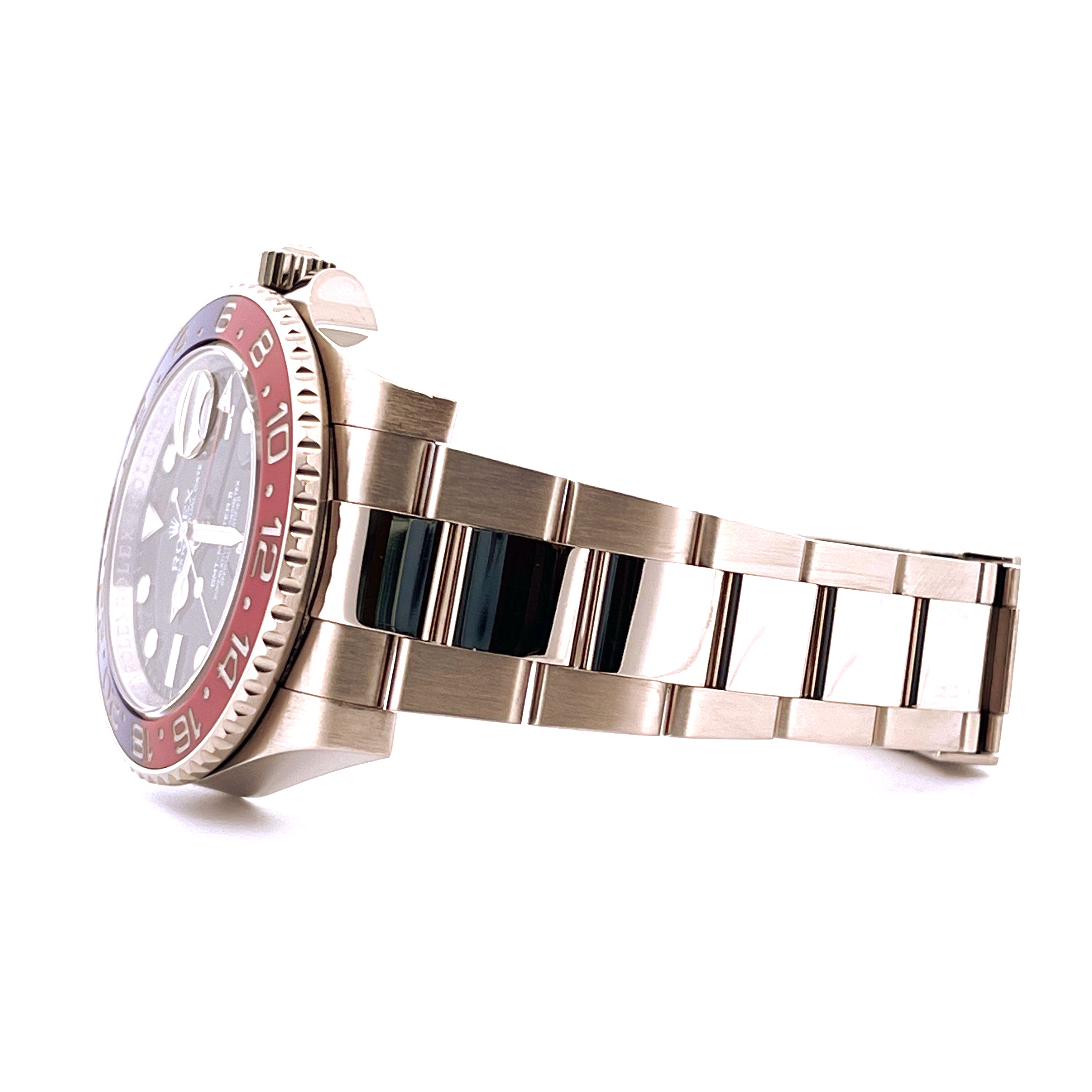 Rolex GMT-Master II Whitegold Pepsi im Seitenprofil mit bicolor Keramiklünette und poliertem Oysterband