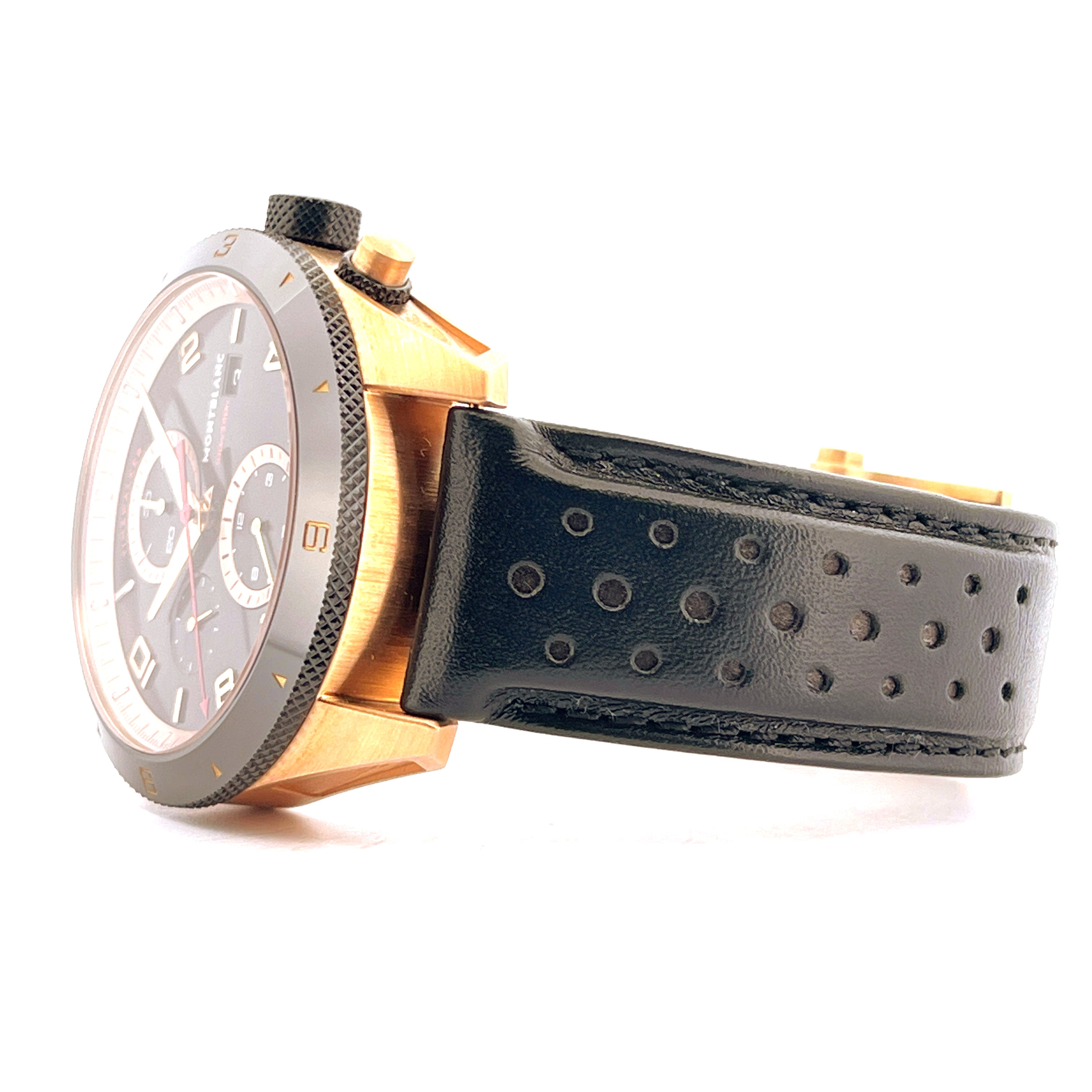 Montblanc Timewalker Chronograph aus Rotgold mit schwarzem Lederarmband Seitenansicht