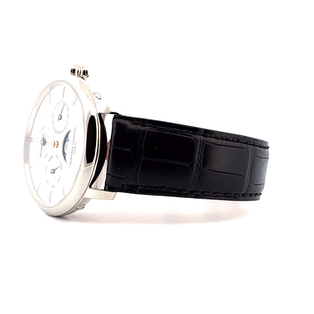 Frederique Constant Classics Manufacture Ewiger Kalender Automatik Edelstahl mit schwarzem Lederarmband Seitenansicht