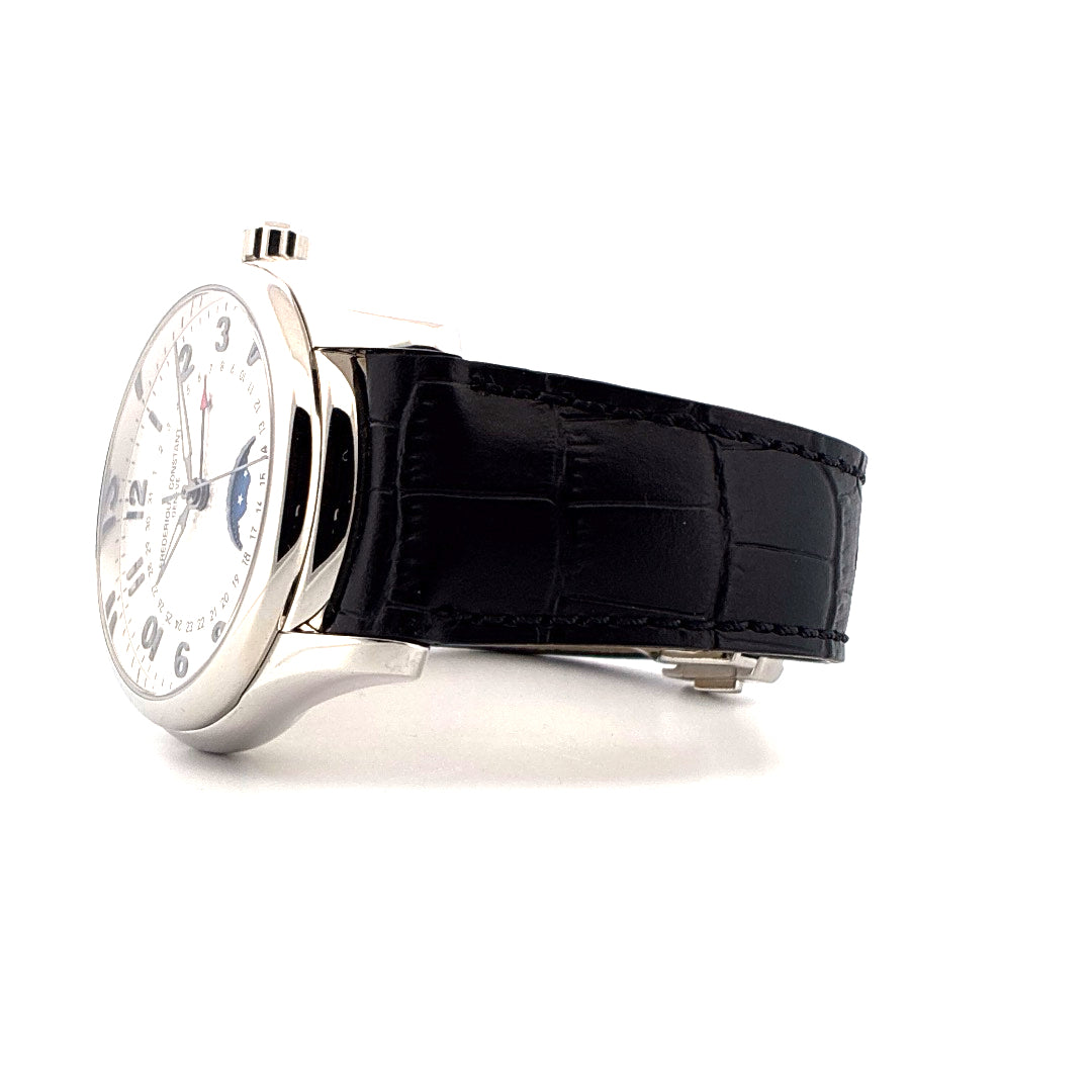 Frederique Constant Runabout Moonphase Limited Edition aus Edelstahl mit schwarzem Lederarmband Seitenansicht