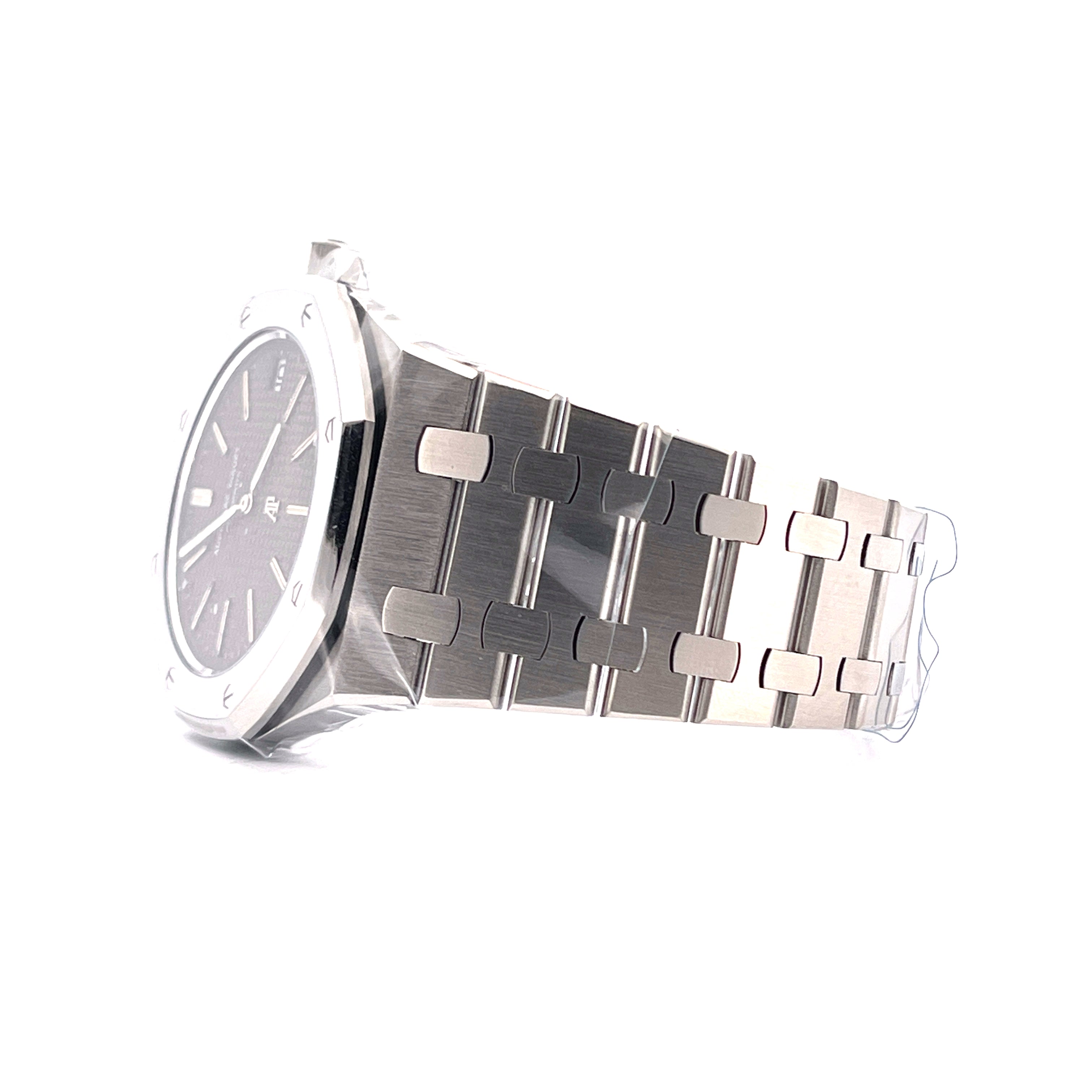 Seitenansicht der Audemars Piguet Royal Oak Jumbo 5402ST aus Edelstahl mit grauem Zifferblatt und Armband