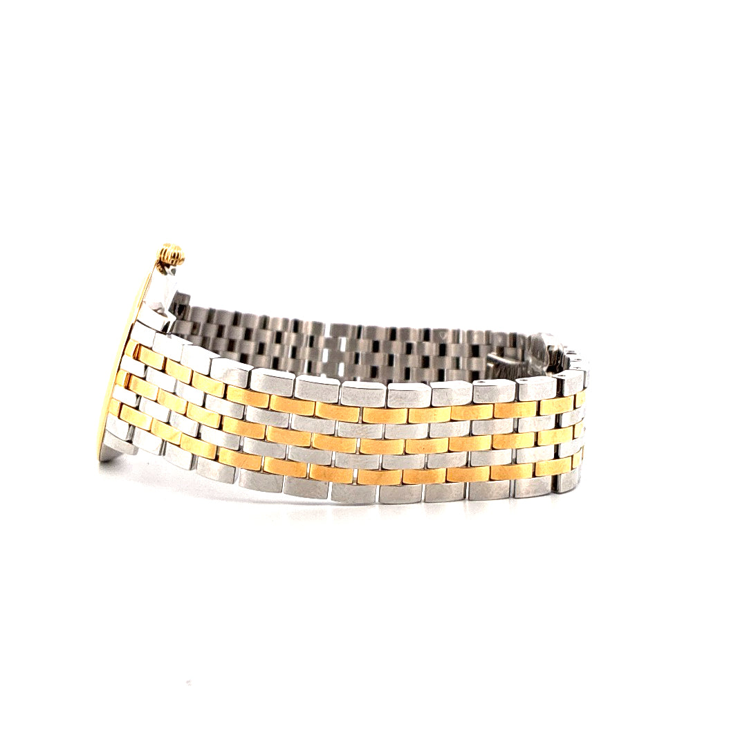 Seitenansicht einer Frederique Constant Ladies Slimline Mid Size Uhr mit bicolor Armband aus Edelstahl und Gold