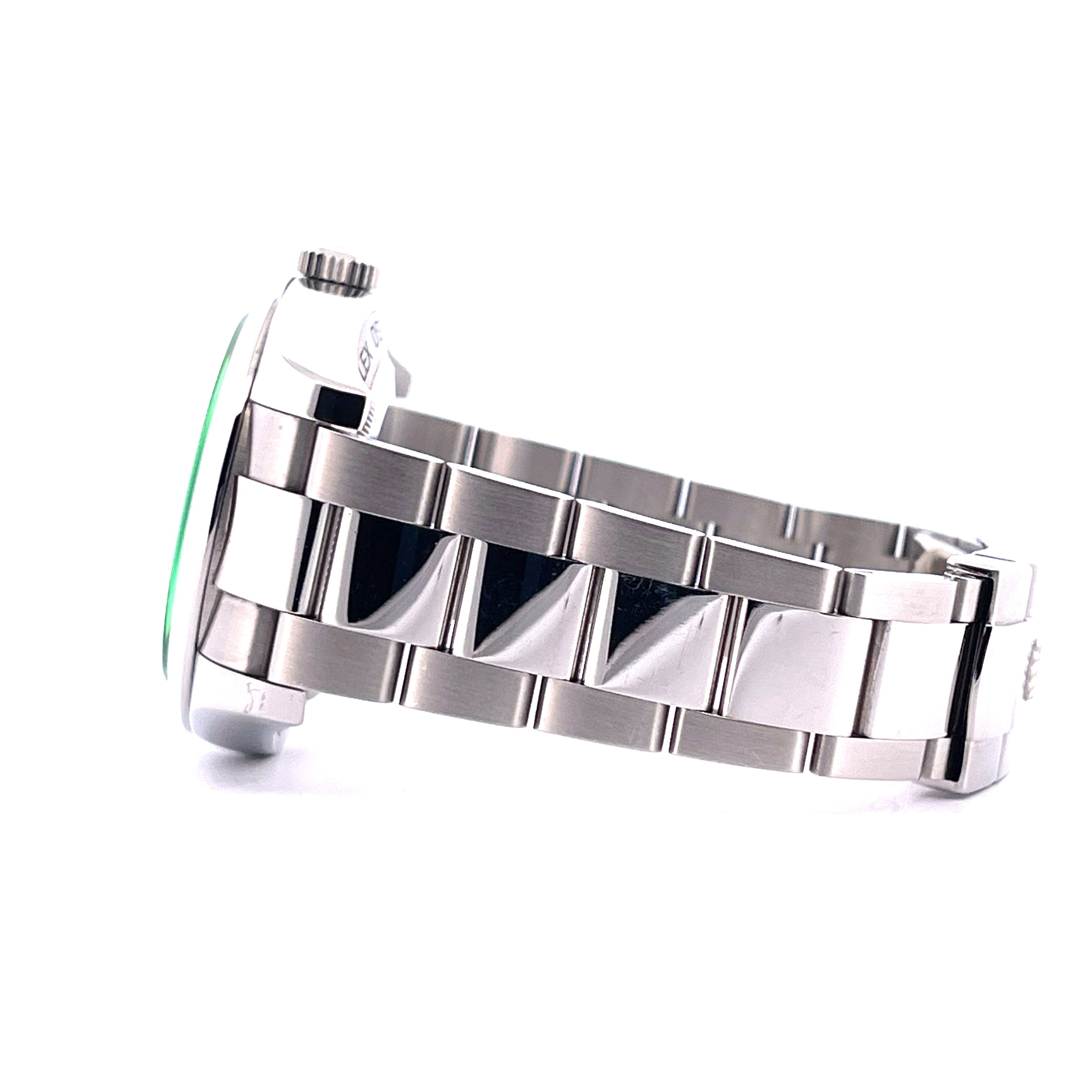 Rolex Milgauss 116400GV Seitenansicht eines silbernen Edelstahlarmbands mit grünem Zifferblatt