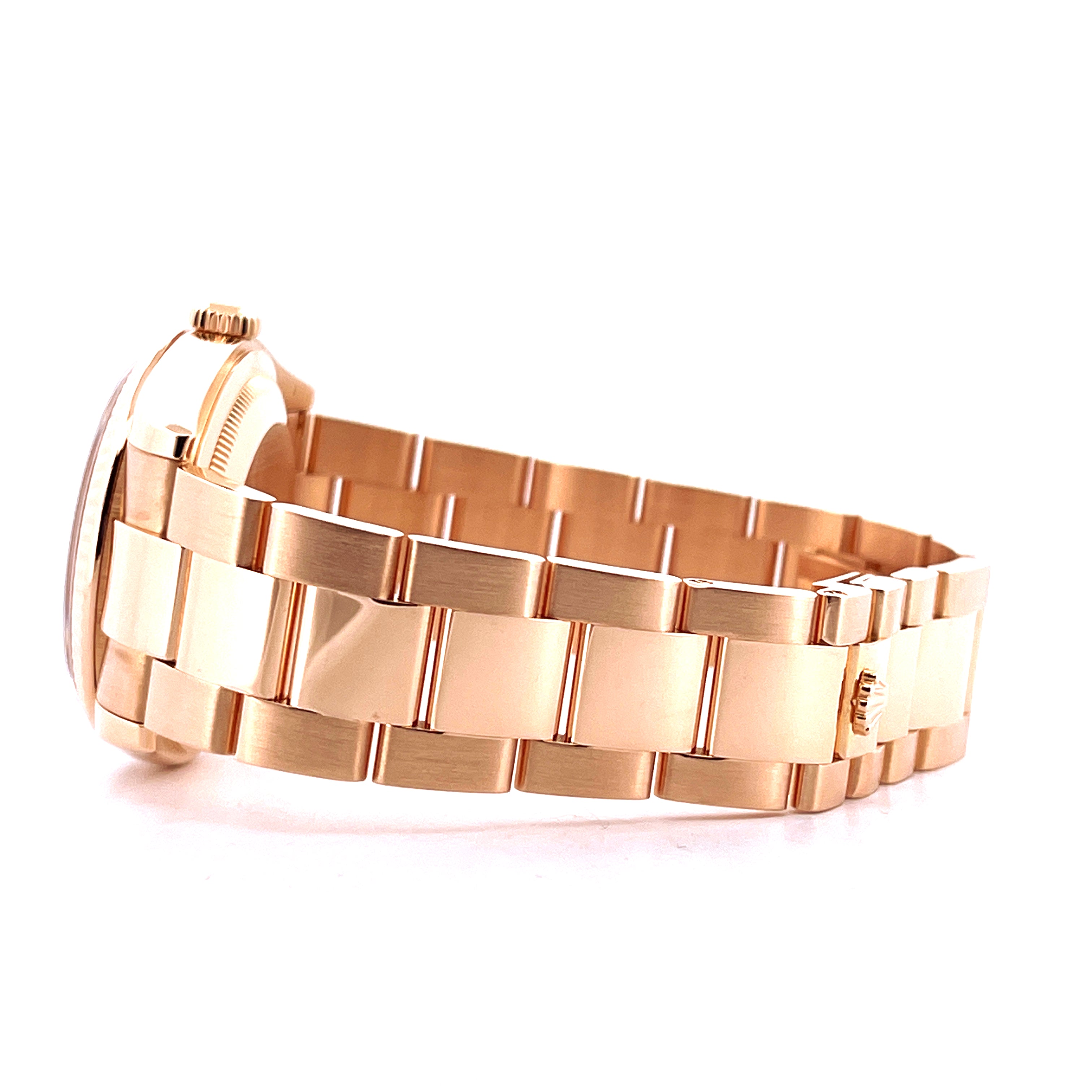 Side view of a Rolex Day-Date 36 in rose gold with a matching bracelet on a white background