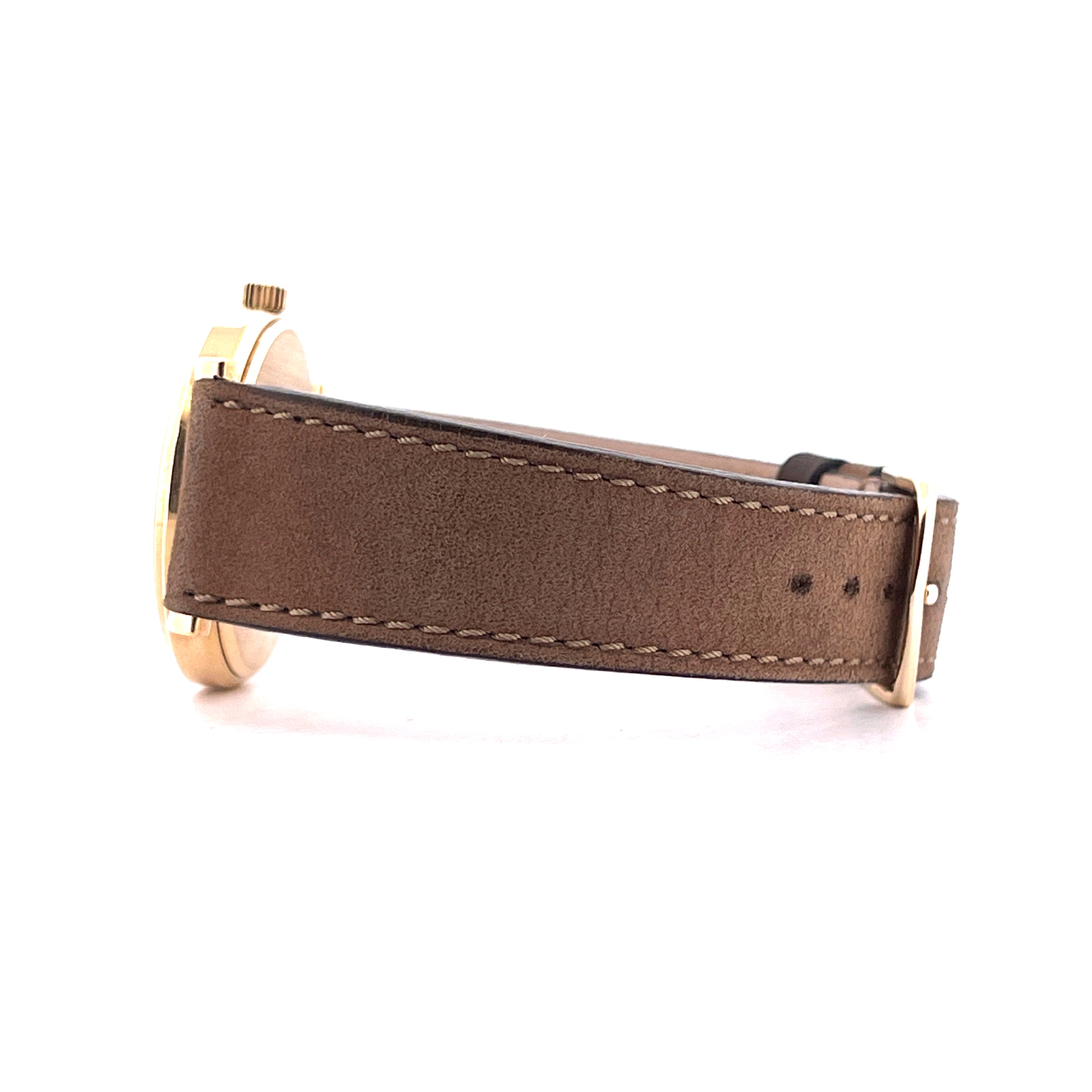 Patek Philippe Calatrava 3802 Gelbgold Uhr Seitenansicht mit braunem Lederarmband