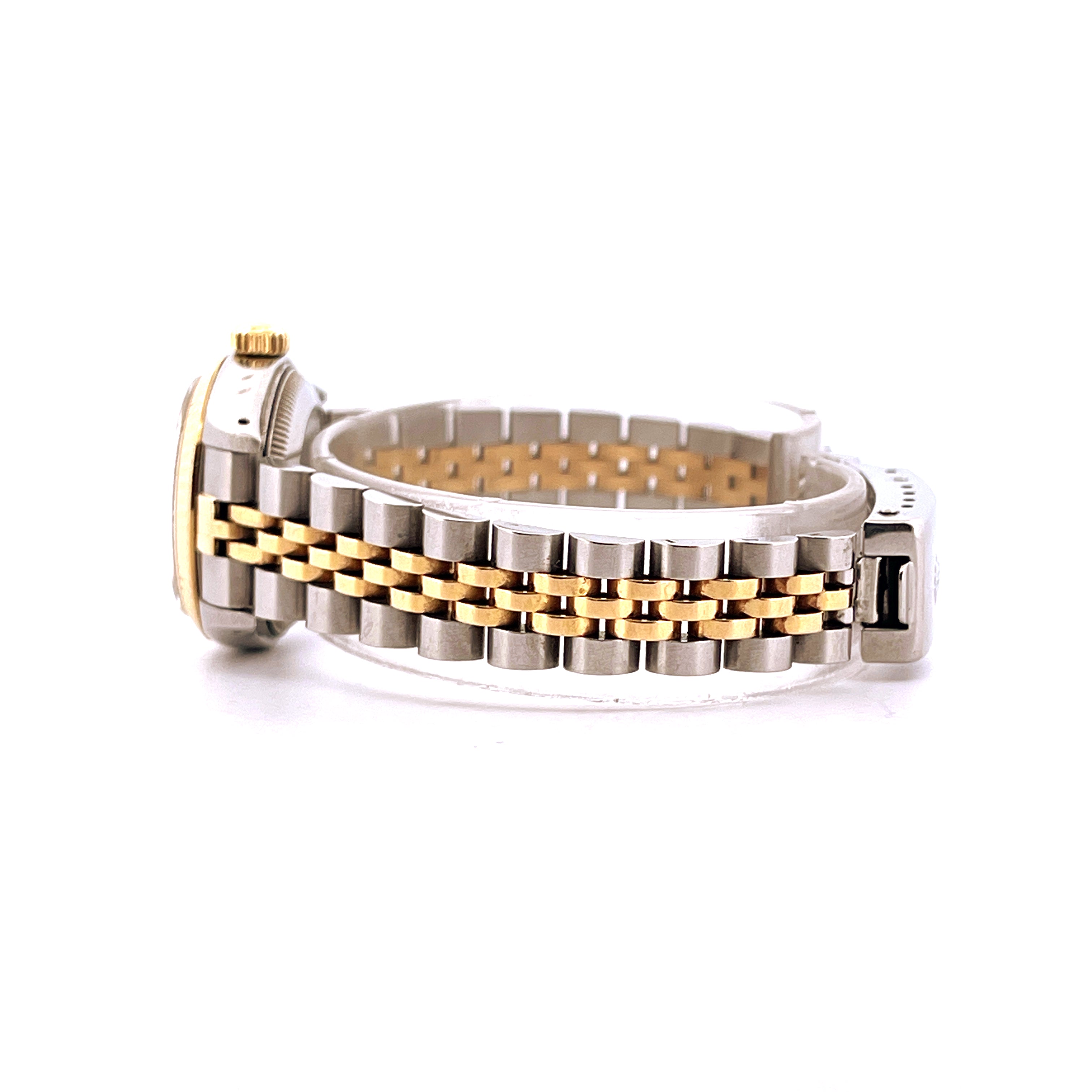 Rolex Lady-Datejust 26mm in Gold und Stahl im Seitenprofil mit charakteristischem Jubilee-Armband