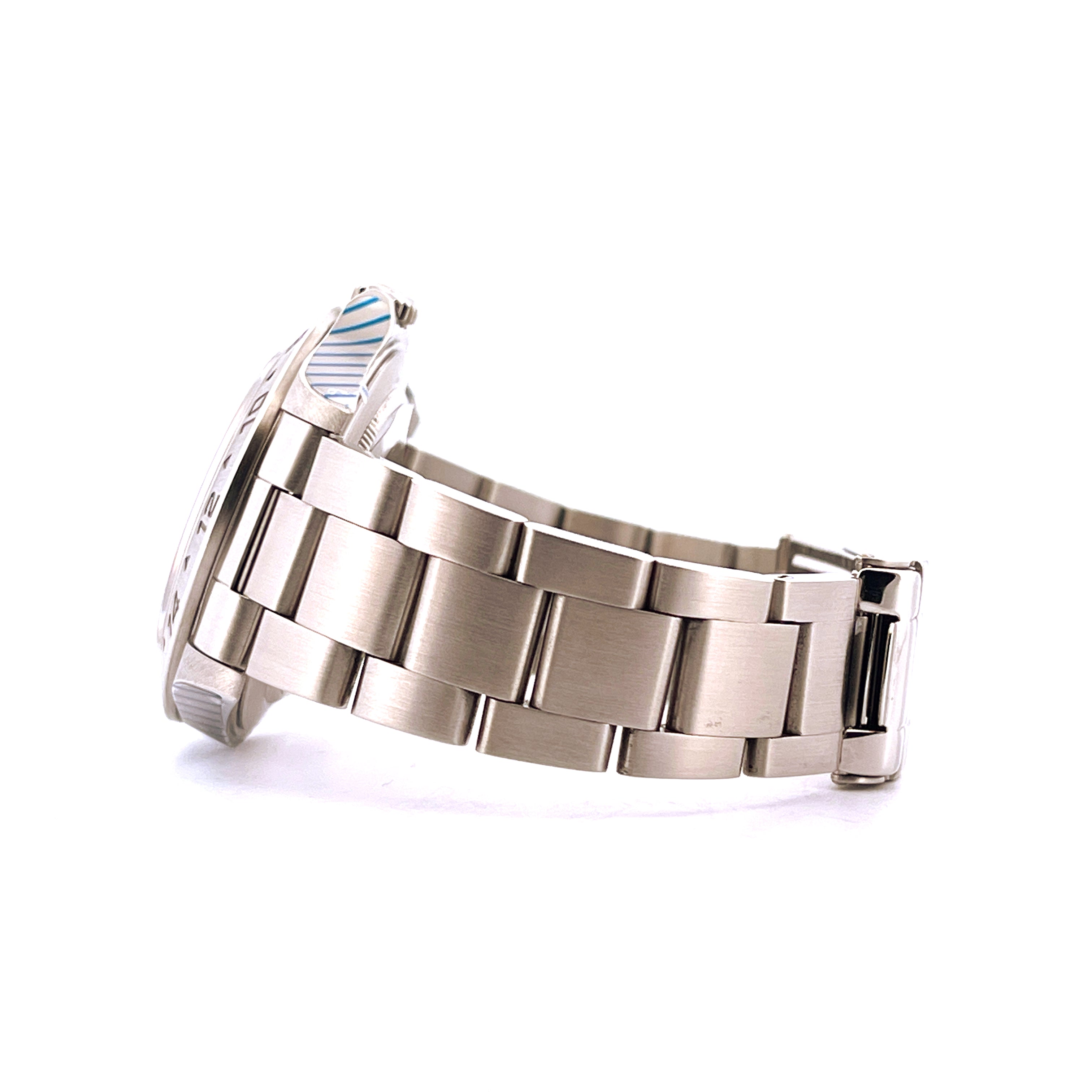 Rolex Explorer II Polar White 16570 Stahl Armband Seitenansicht auf weißem Hintergrund