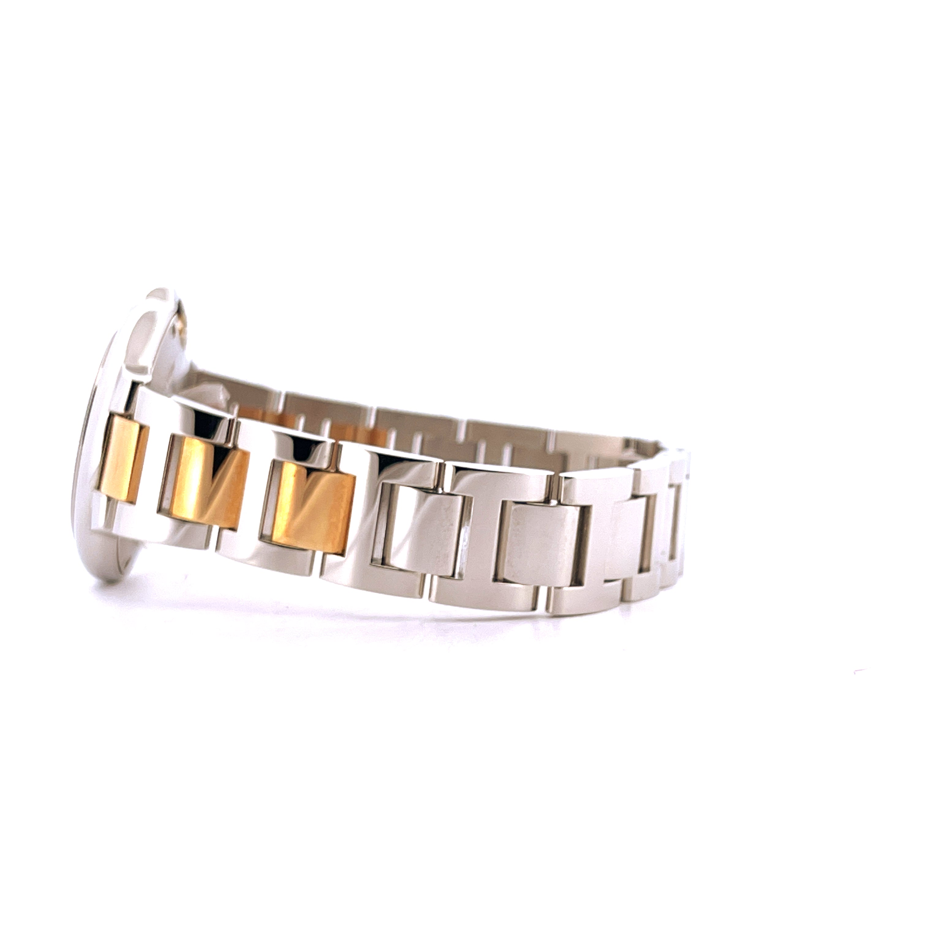 Seitenansicht des Cartier Ballon Bleu 33 mm Stahl und Gold-Armbands mit abwechselnden Gold- und Silbergliedern