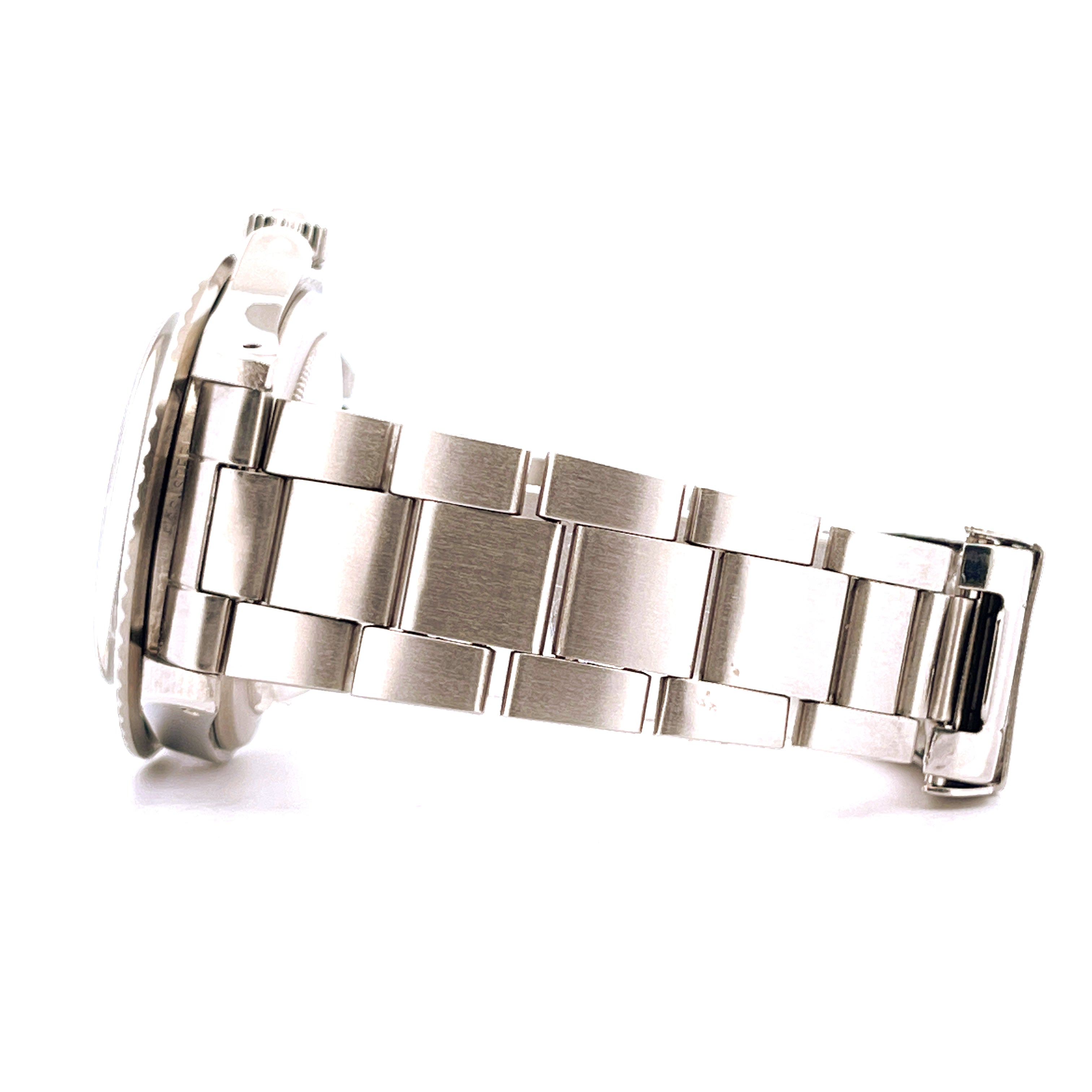 Seitenansicht einer Rolex Submariner Date MK5 Ref. 1680 (1972) aus Stahl mit charakteristischem Armband