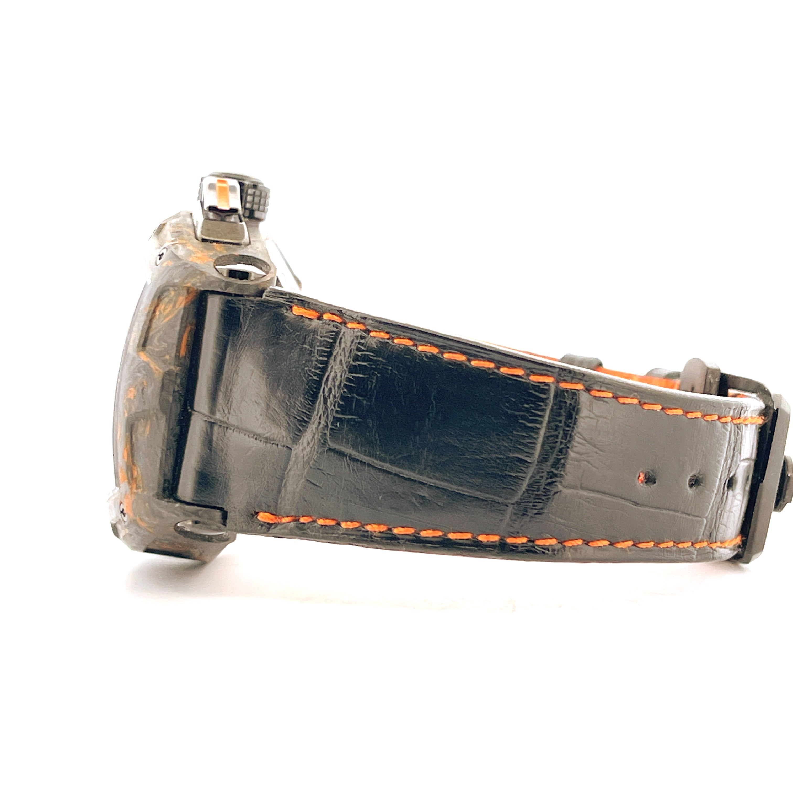 Cvstos Challenge II Chrono Dani Pedrosa Seitenansicht mit schwarzem Kroko-Lederarmband und orangener Naht