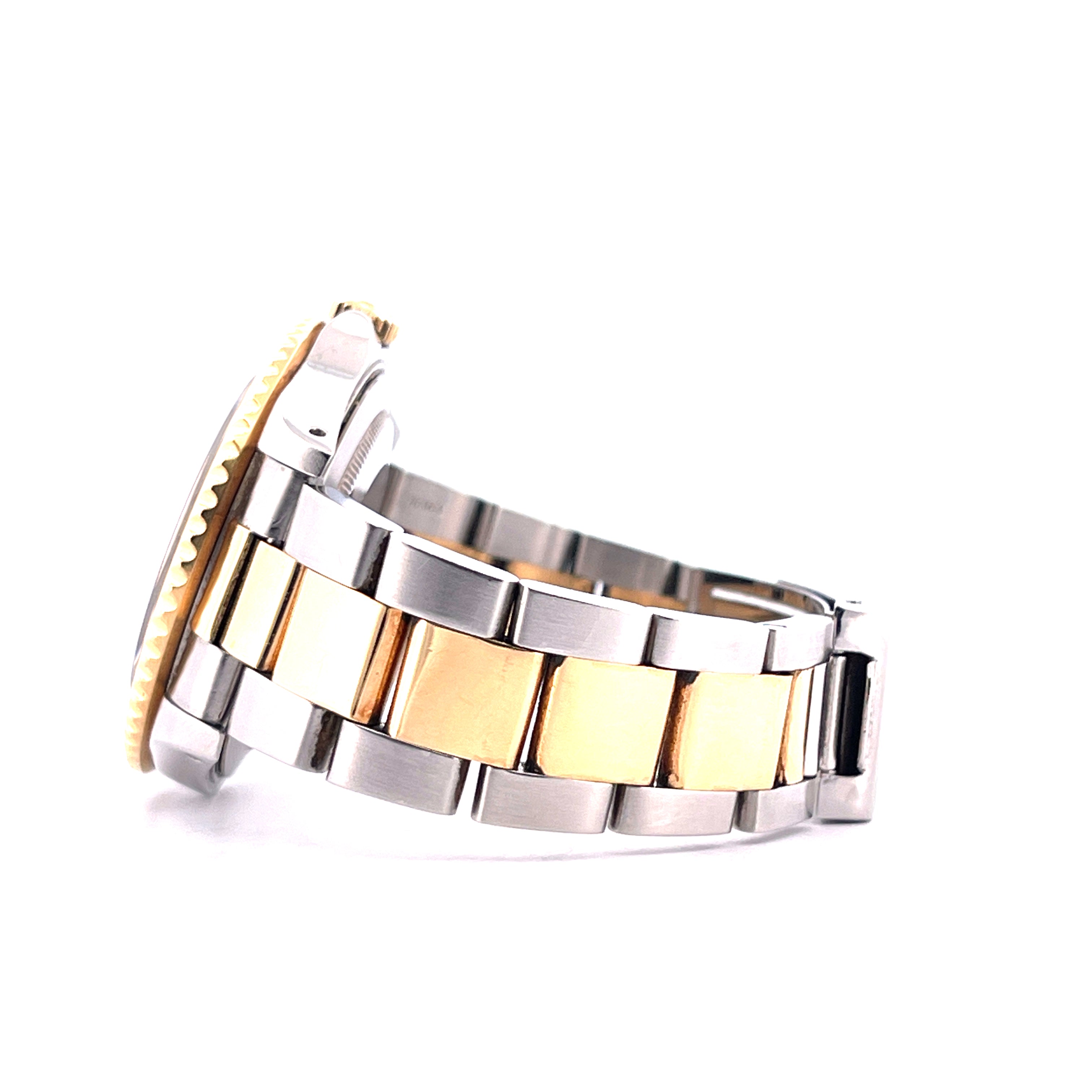 Rolex GMT-Master II Tiger Eye 1992 Seitenansicht des bicolor Gold-Stahl-Armbands mit Gehäuse