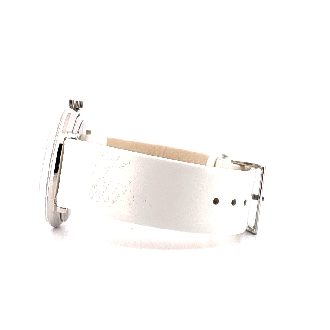 Junghans Max bill Handaufzug neuwertig mit weißem Lederarmband und poliertem Edelstahlgehäuse