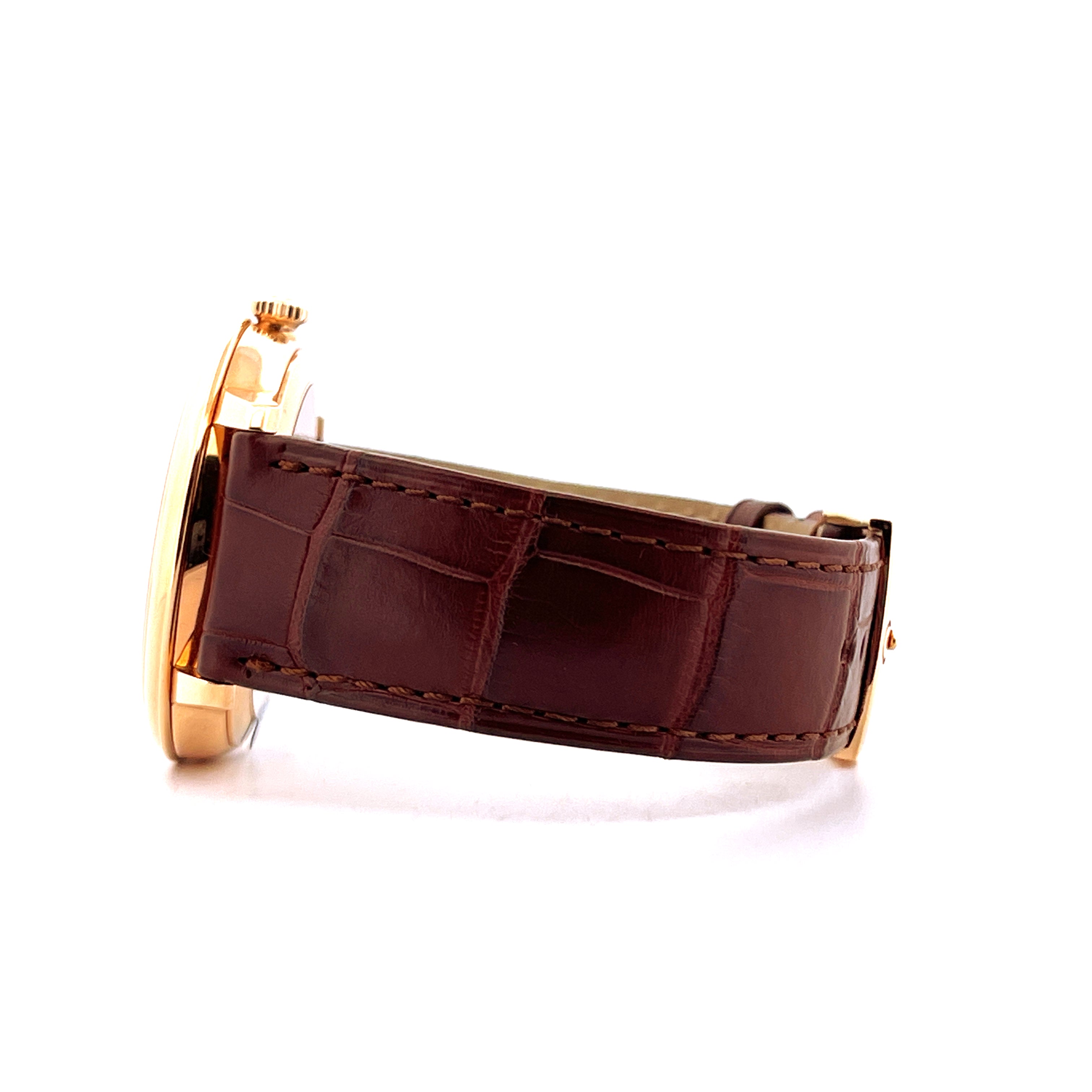 Seitenansicht einer Omega De Ville Prestige Date aus Gelbgold mit braunem Lederarmband