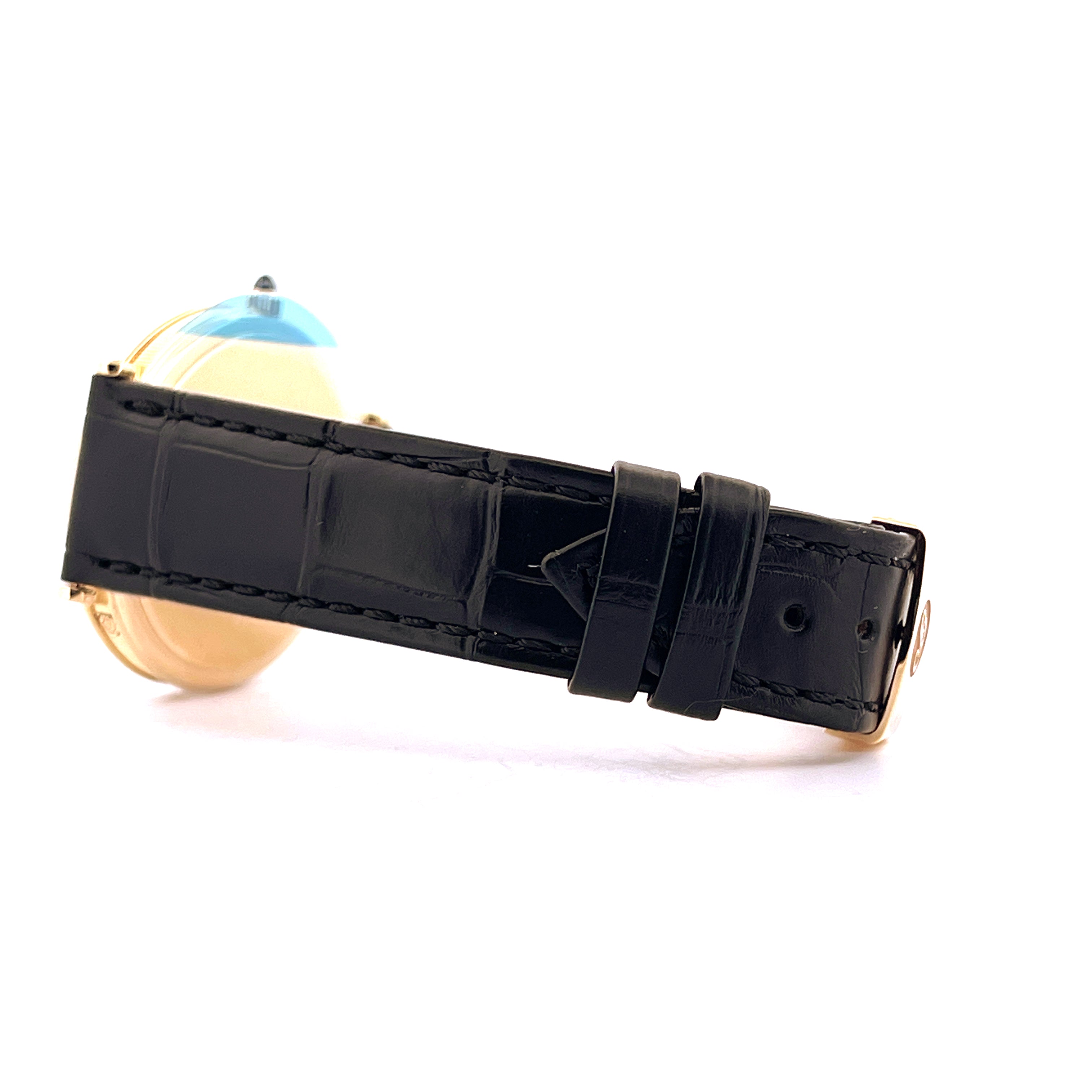 Breguet Classique Power Reserve Gelbgold Uhr, Seitenansicht mit schwarzem Kroko-Lederarmband
