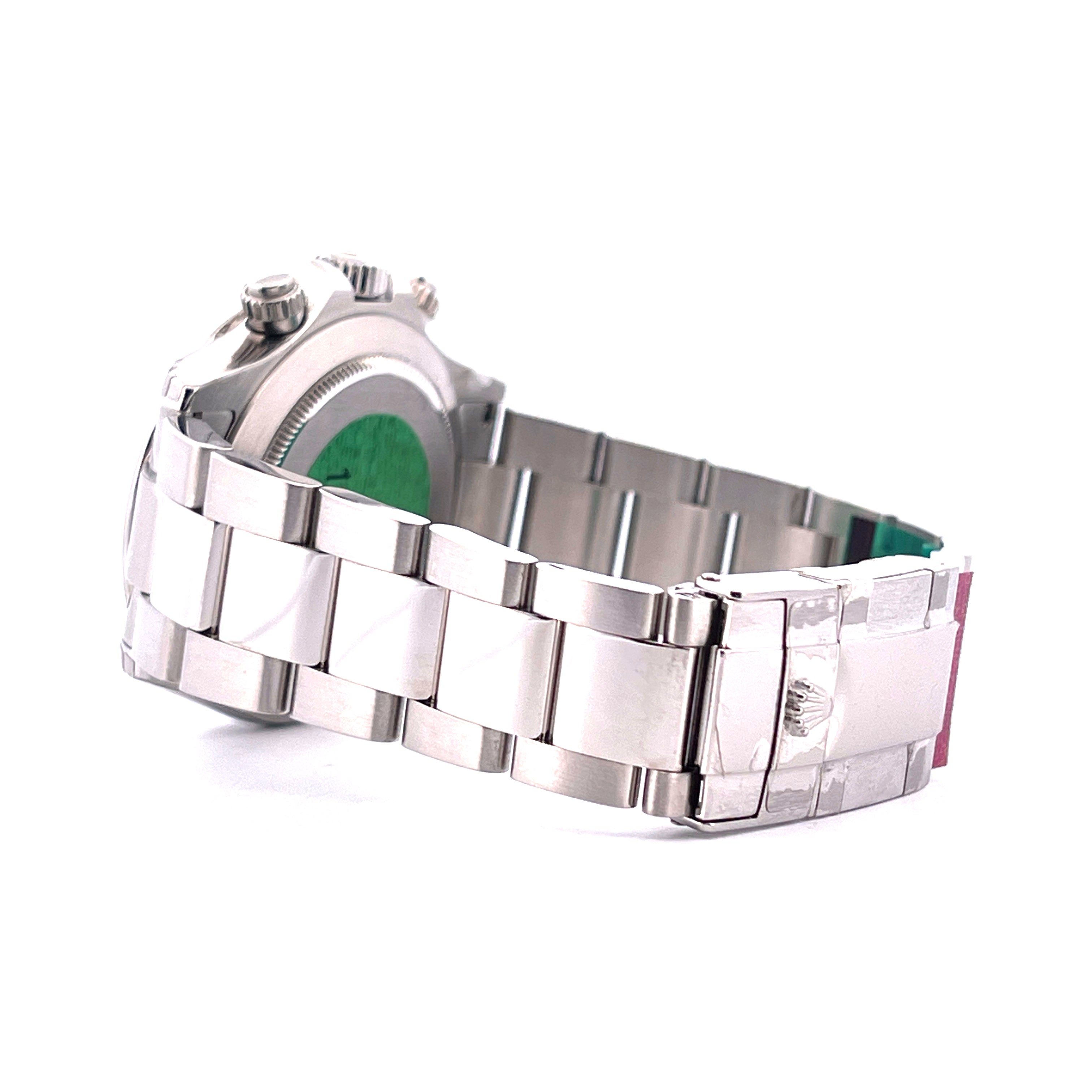 Rolex Daytona 116520 Edelstahl Armband Seitenansicht mit Schliesse und grüner Schutzfolie auf weissem Hintergrund