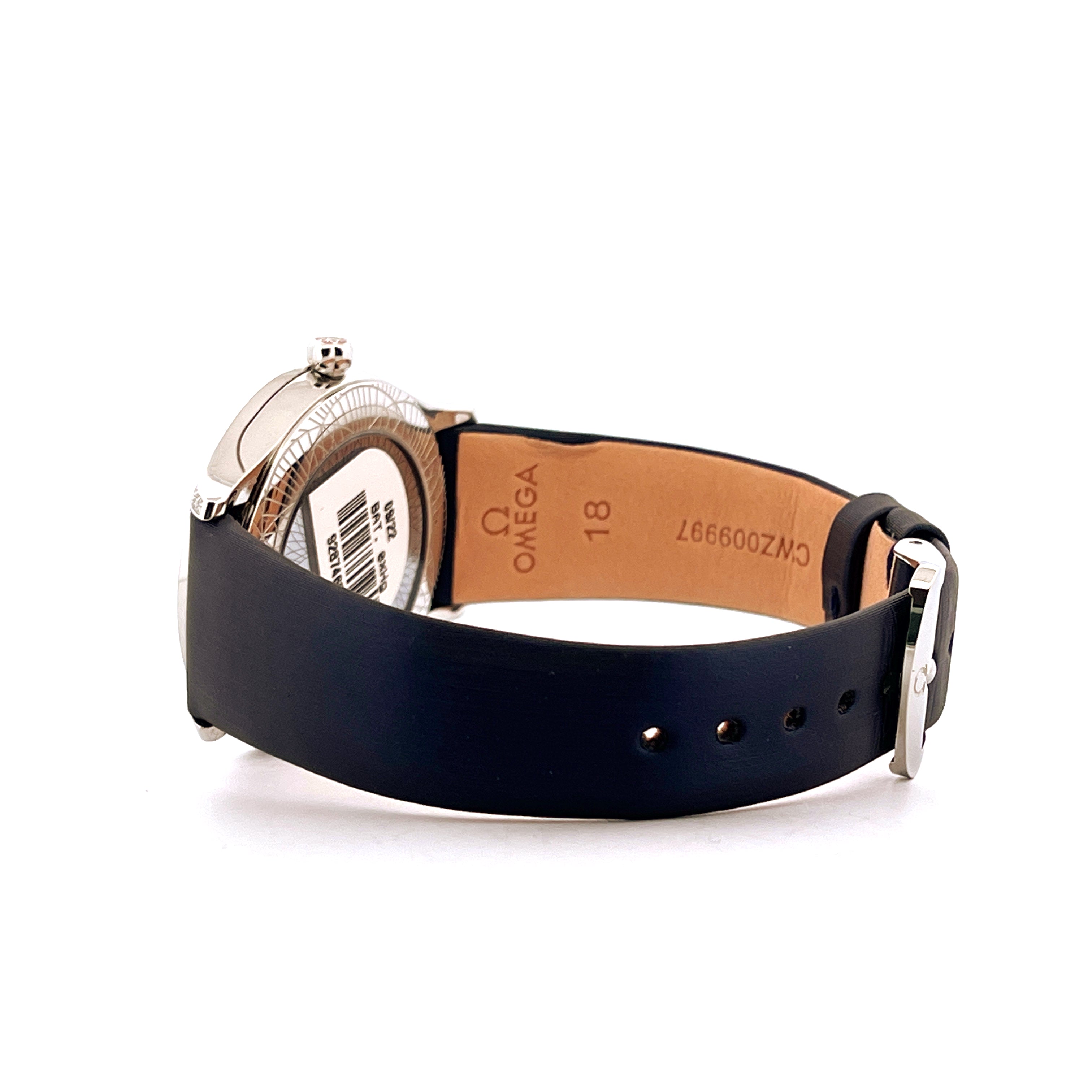 Omega De Ville Tresor Quarz, Edelstahlgehäuse, schwarzes Lederarmband, Rückansicht