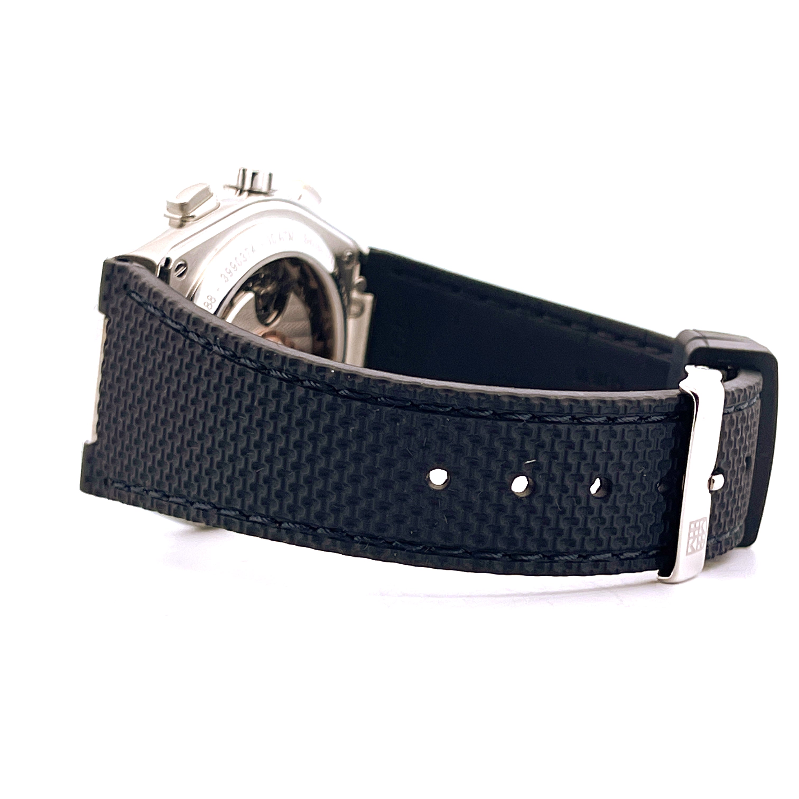 Seitenansicht der Frederique Constant Highlife Chronograph mit schwarzem Textilarmband und Edelstahlschließe