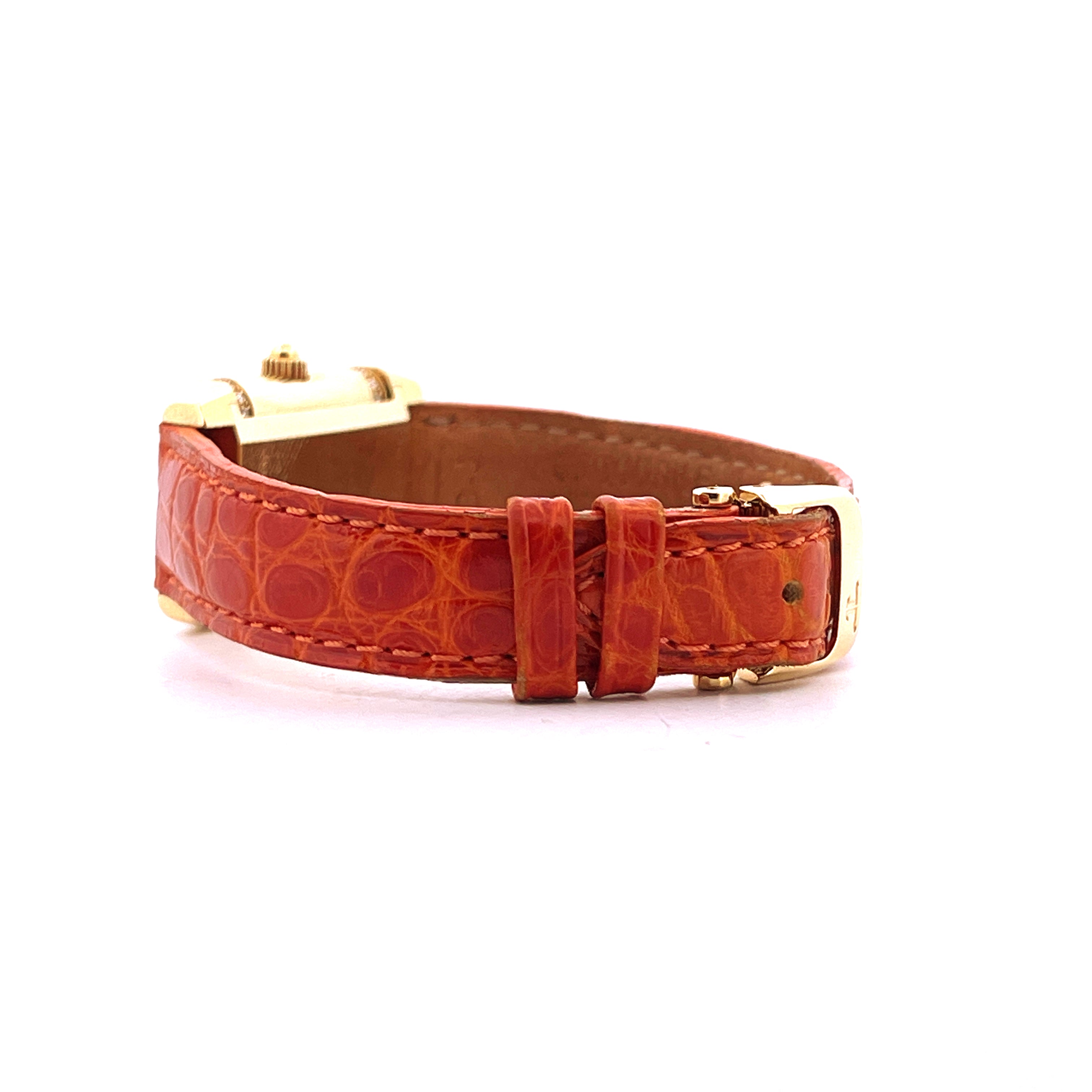 Jaeger-LeCoultre Reverso Duetto Gelbgold Armbanduhr Seitenansicht mit orangefarbenem Alligatorlederarmband