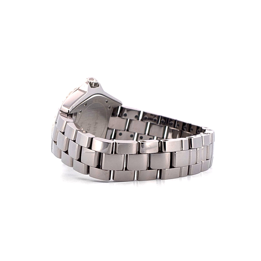 Chanel J12 33mm grey Neuwertig ungetragen: Seitenansicht des Keramikgehäuses mit Diamantbesatz und Stahlarmband