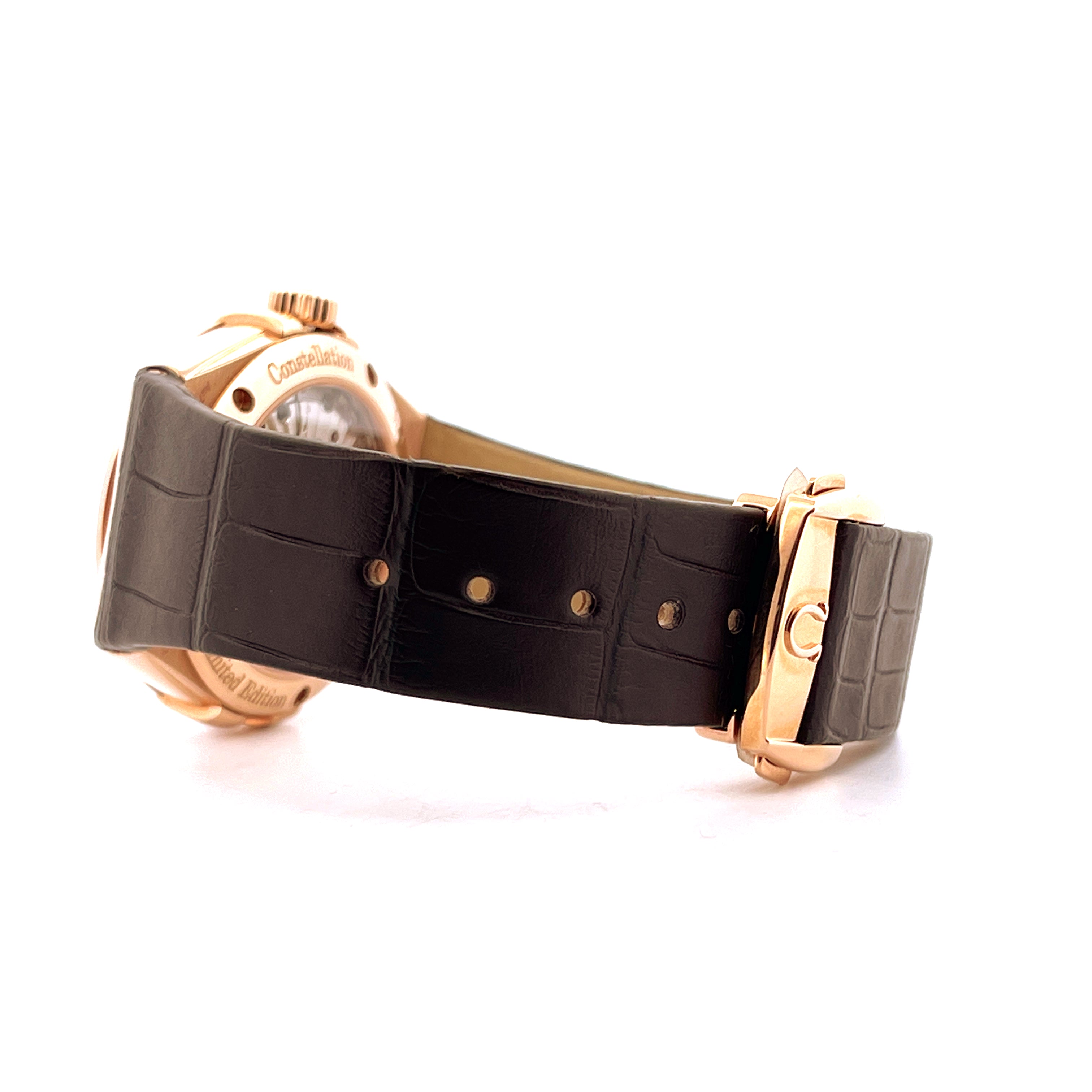 Omega Constellation Limited Edition 1952 Roségold Uhr mit schwarzem Lederarmband in Seitenansicht