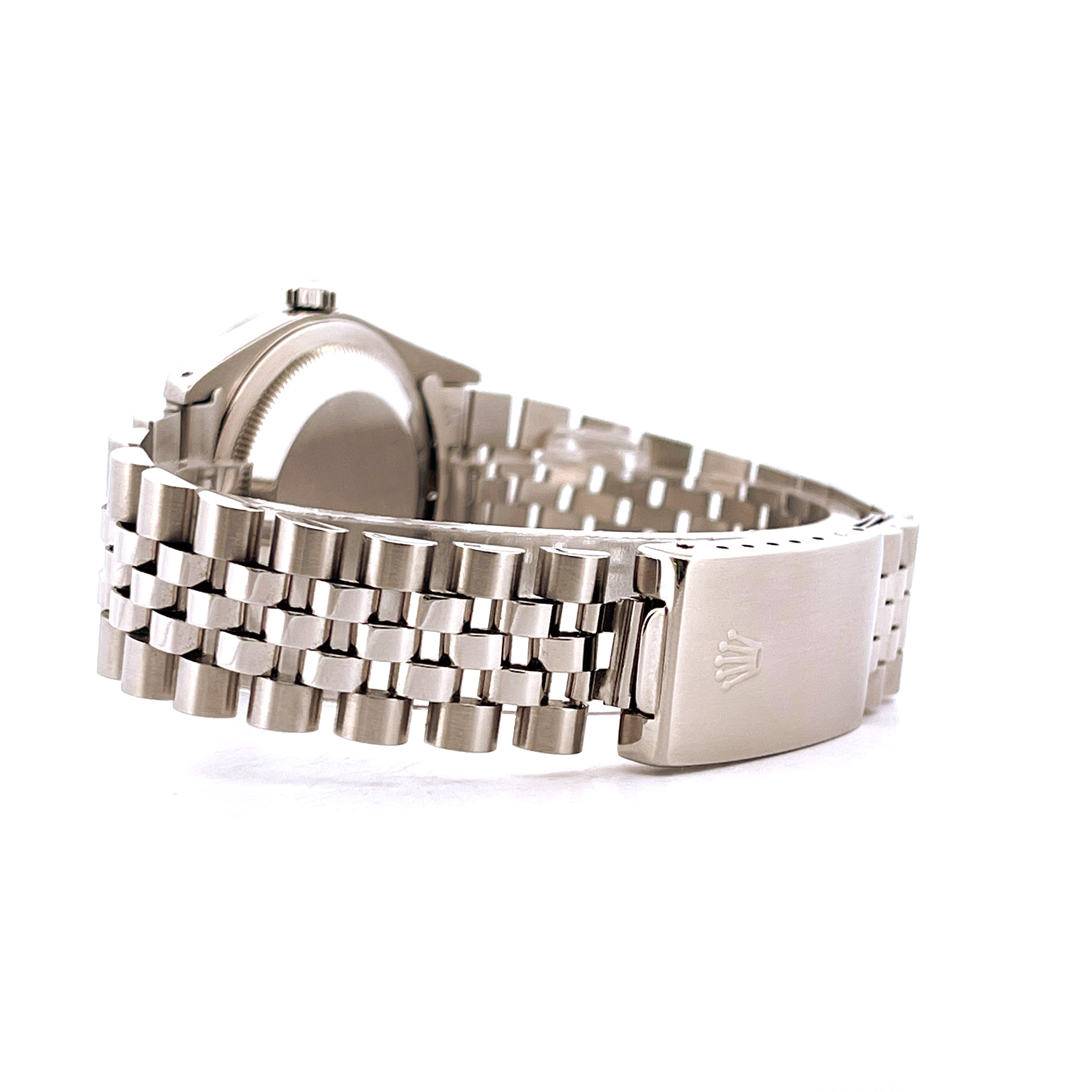 Seitenansicht einer gebrauchten Rolex Datejust 36 mm aus Stahl mit Jubilé-Armband und Rolex-Krone auf der Schließe